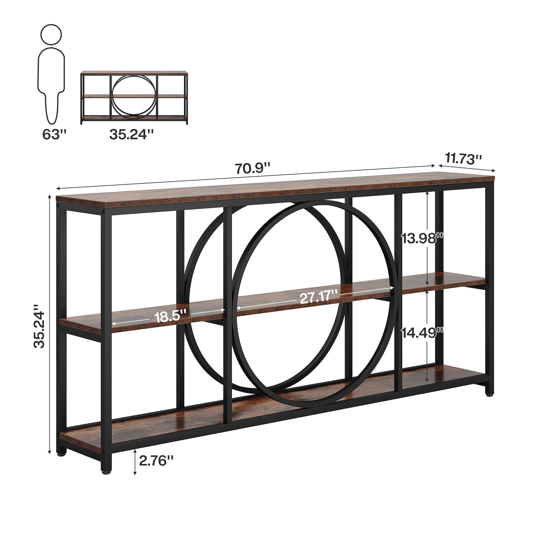 70.9" Console Table, Narrow Sofa Table with 3 Tier Storage Shelves