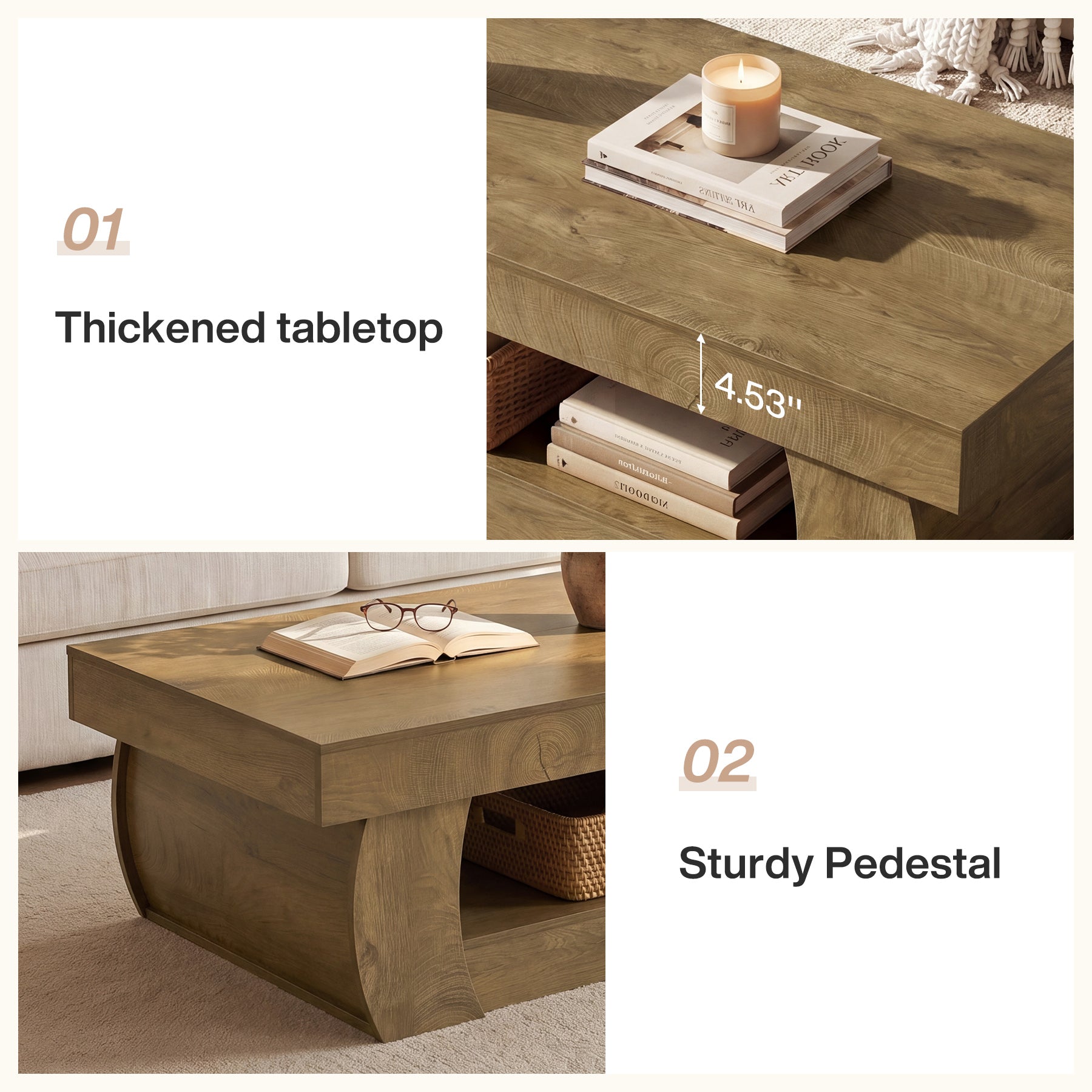 55" Farmhouse Coffee Table with Storage and Curved Pedestal Base