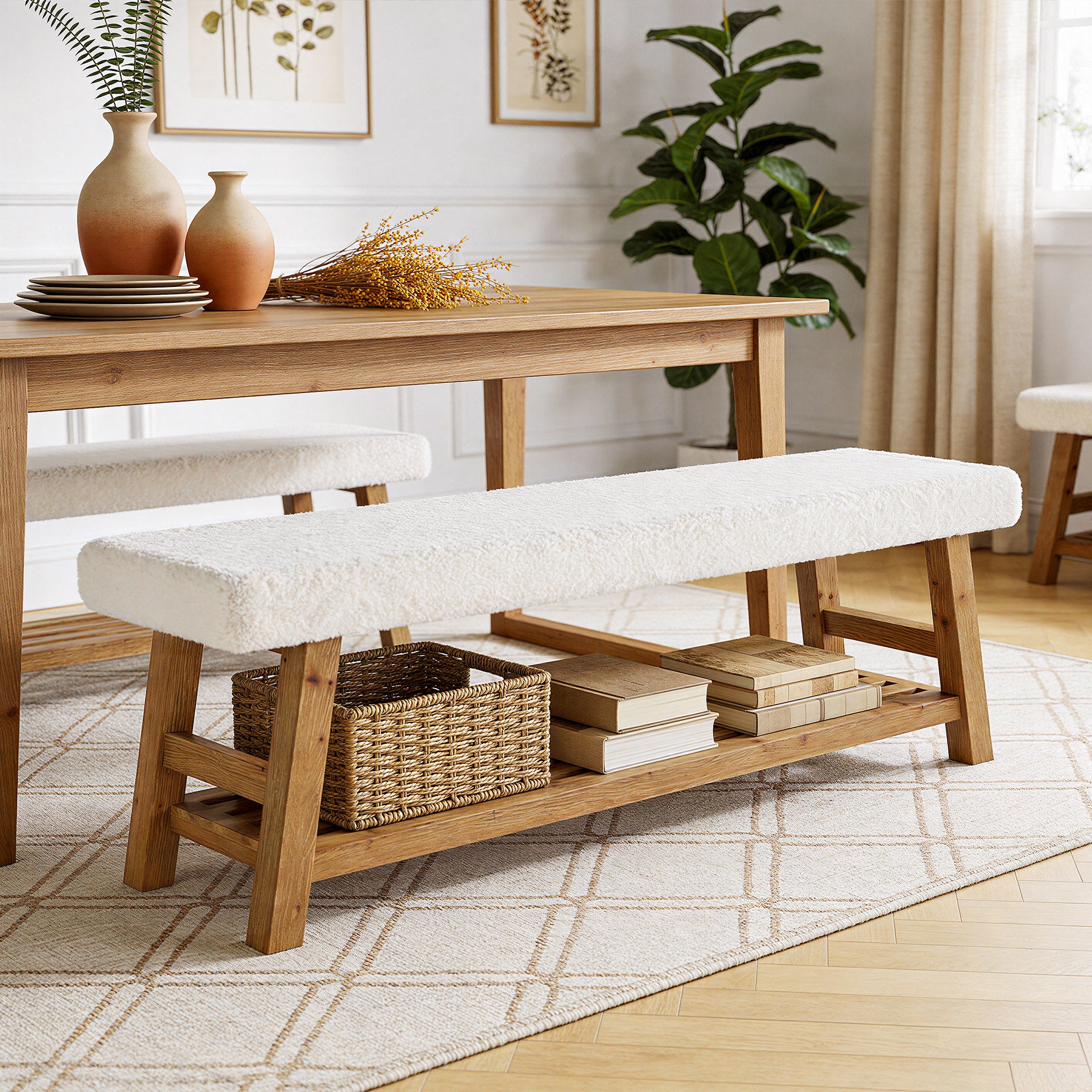 55" Upholstered Dining Bench, 2-Tier Solid Wood Kitchen Table Bench with Cushion