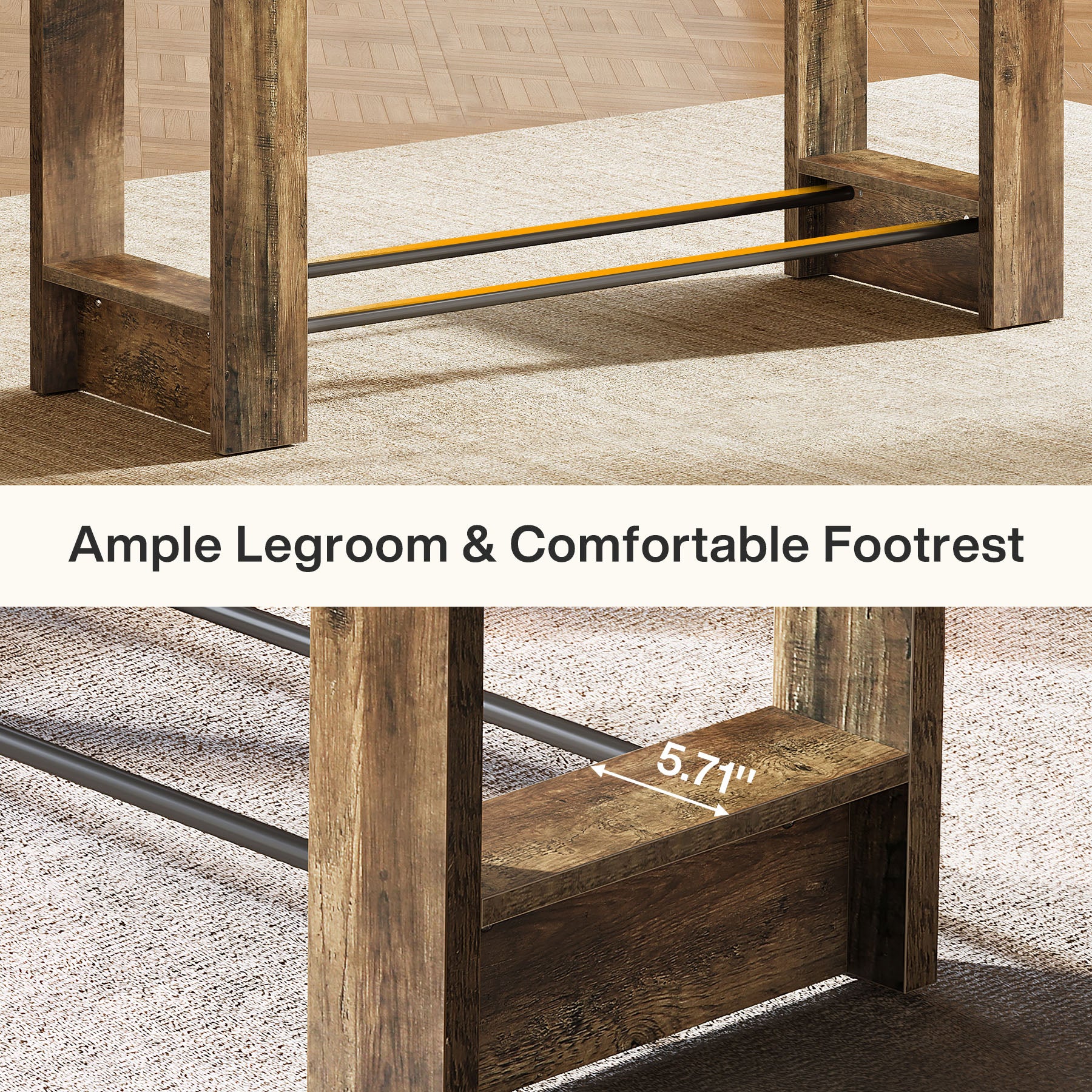 63" Bar Table Counter Height Pub Table with Metal Footrests