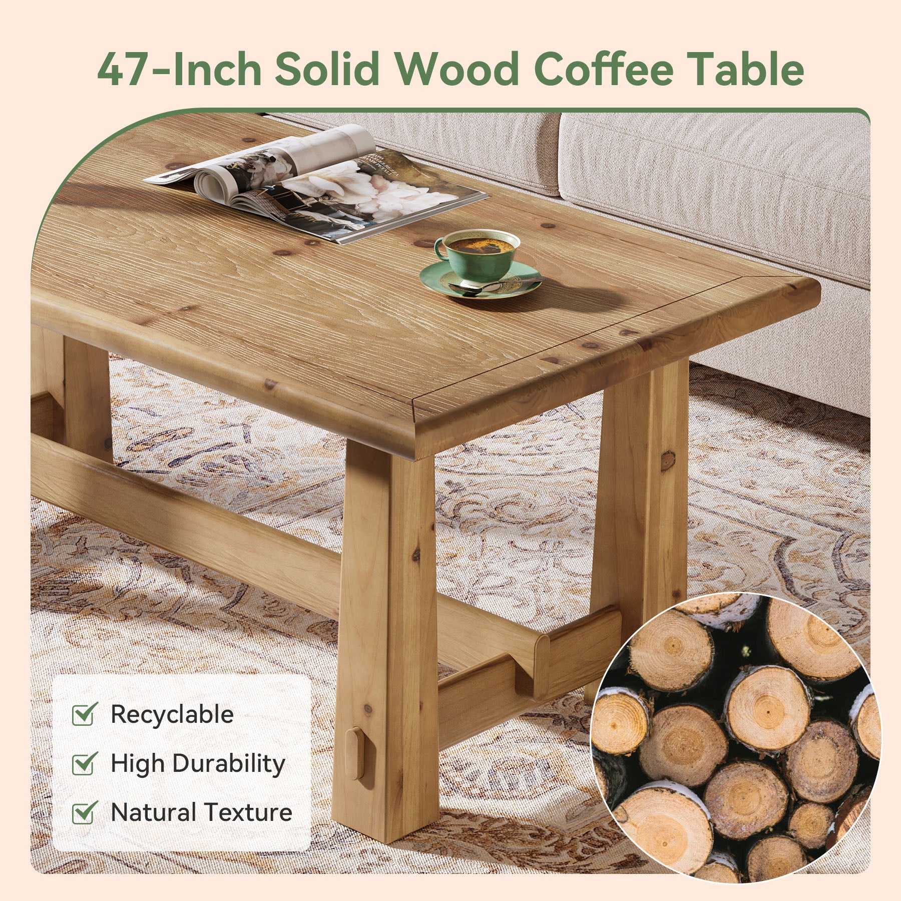 47" Solid Wood Coffee Table, Rectangular Center Table with H-Shaped Base