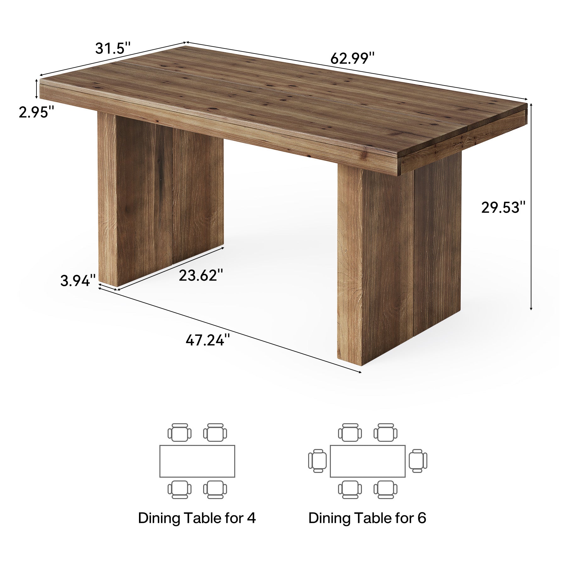 63" Rectangle Dining Table, Farmhouse Solid Wood Kitchen Dinner Table for 4-6 People