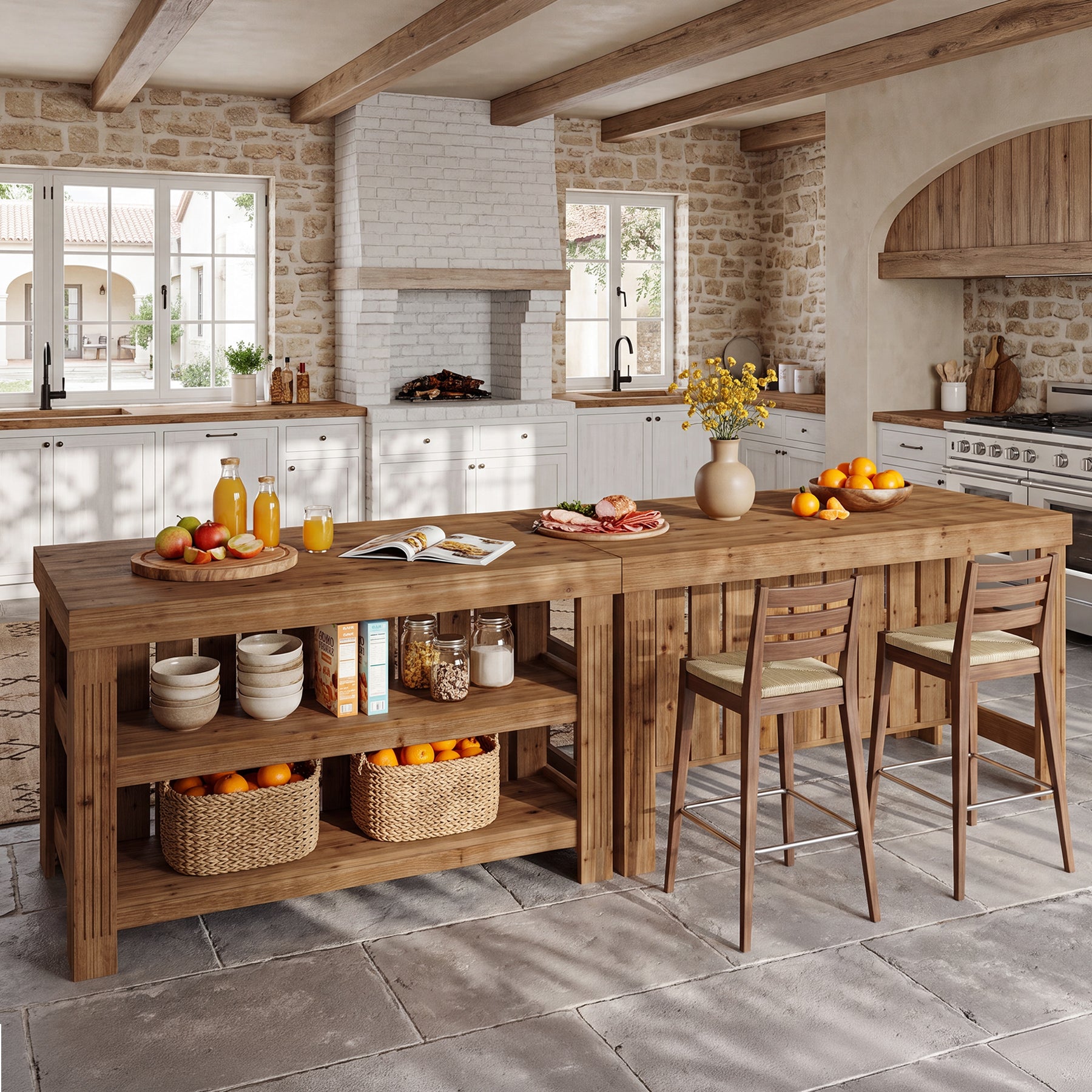 63" Solid Wood Kitchen Island, 3-Tier Farmhouse Stationary Island Table