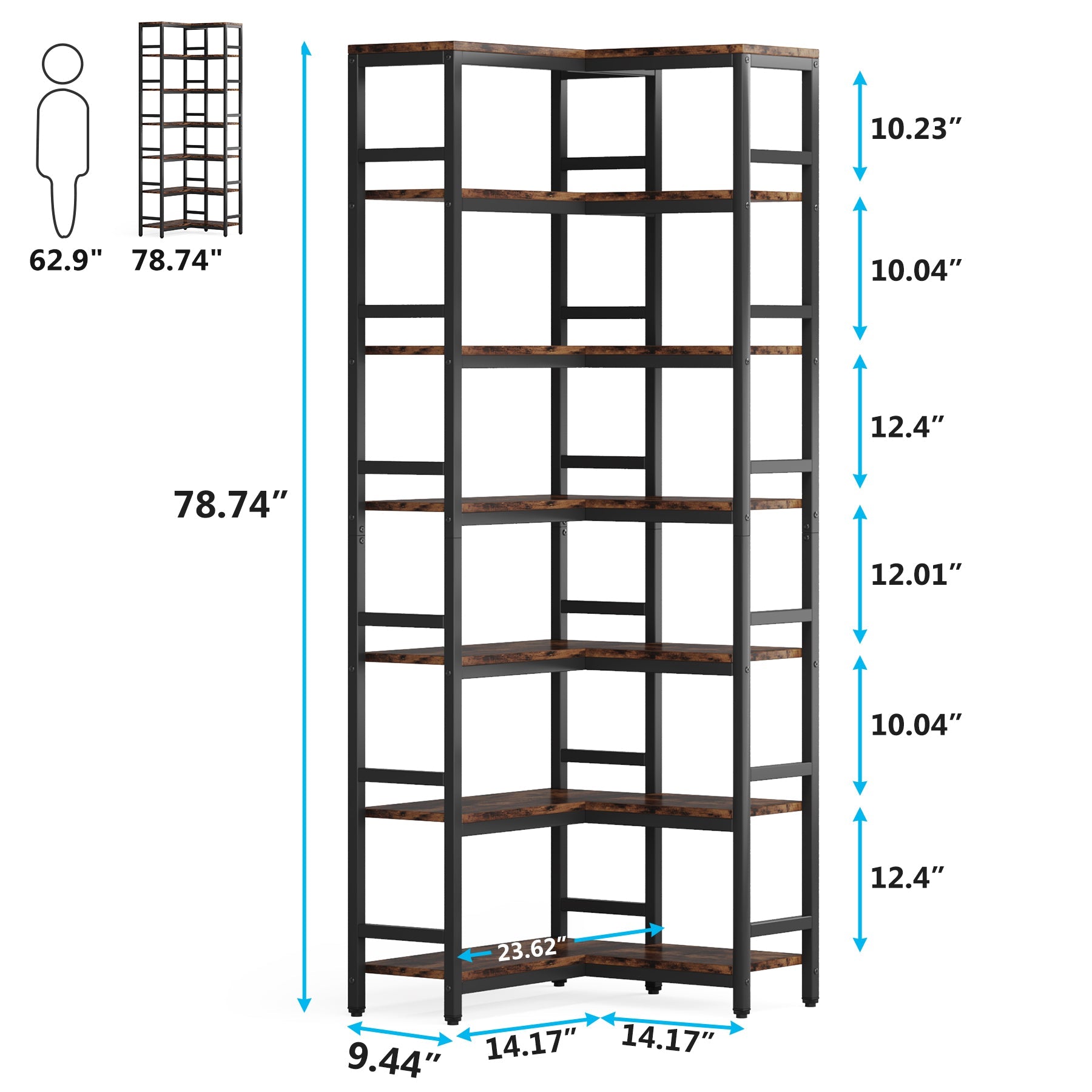 Industrial Corner Bookshelf, 5-Tier/7-Tier Bookcase Etagere Display Rack