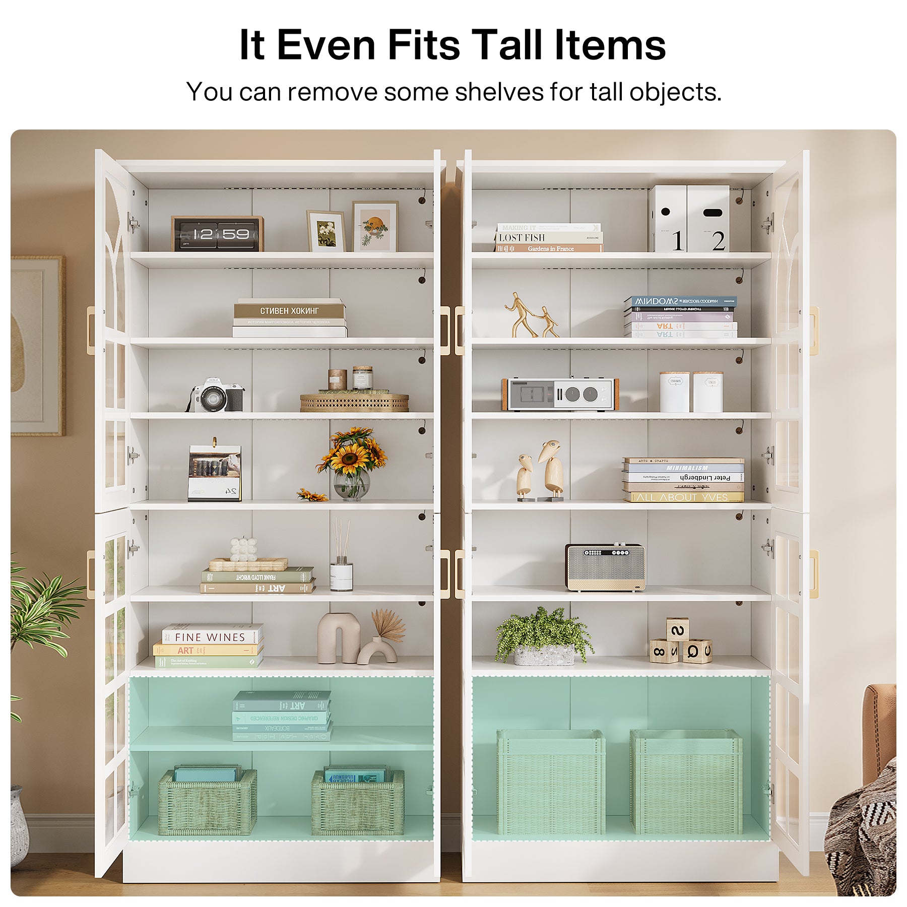 69" Storage Cabinet, Modern Bookcase with Doors and LED Lights