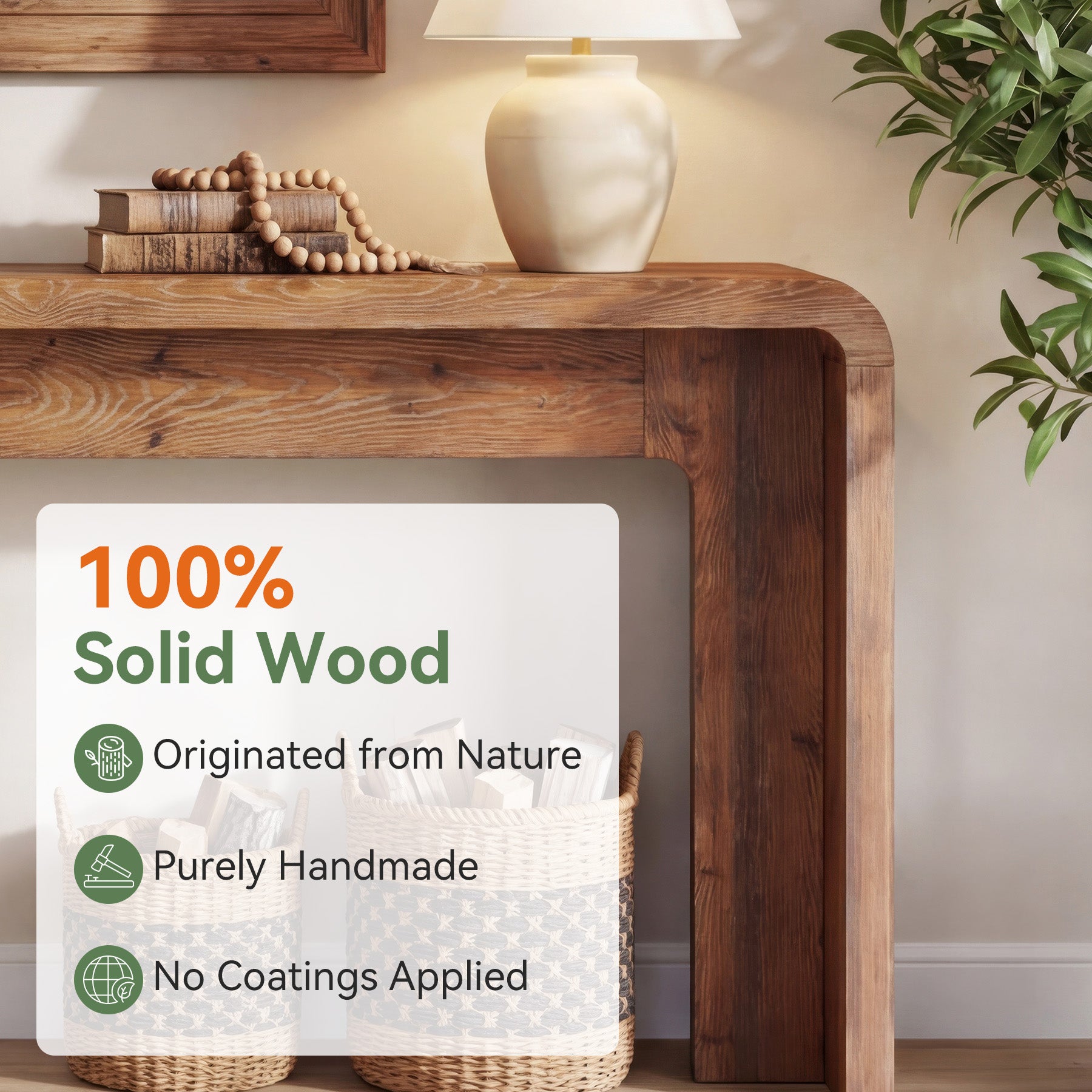 63" Solid Wood Console Table, Narrow Farmhouse Entryway & Sofa Table for Behind Couch or Hallway