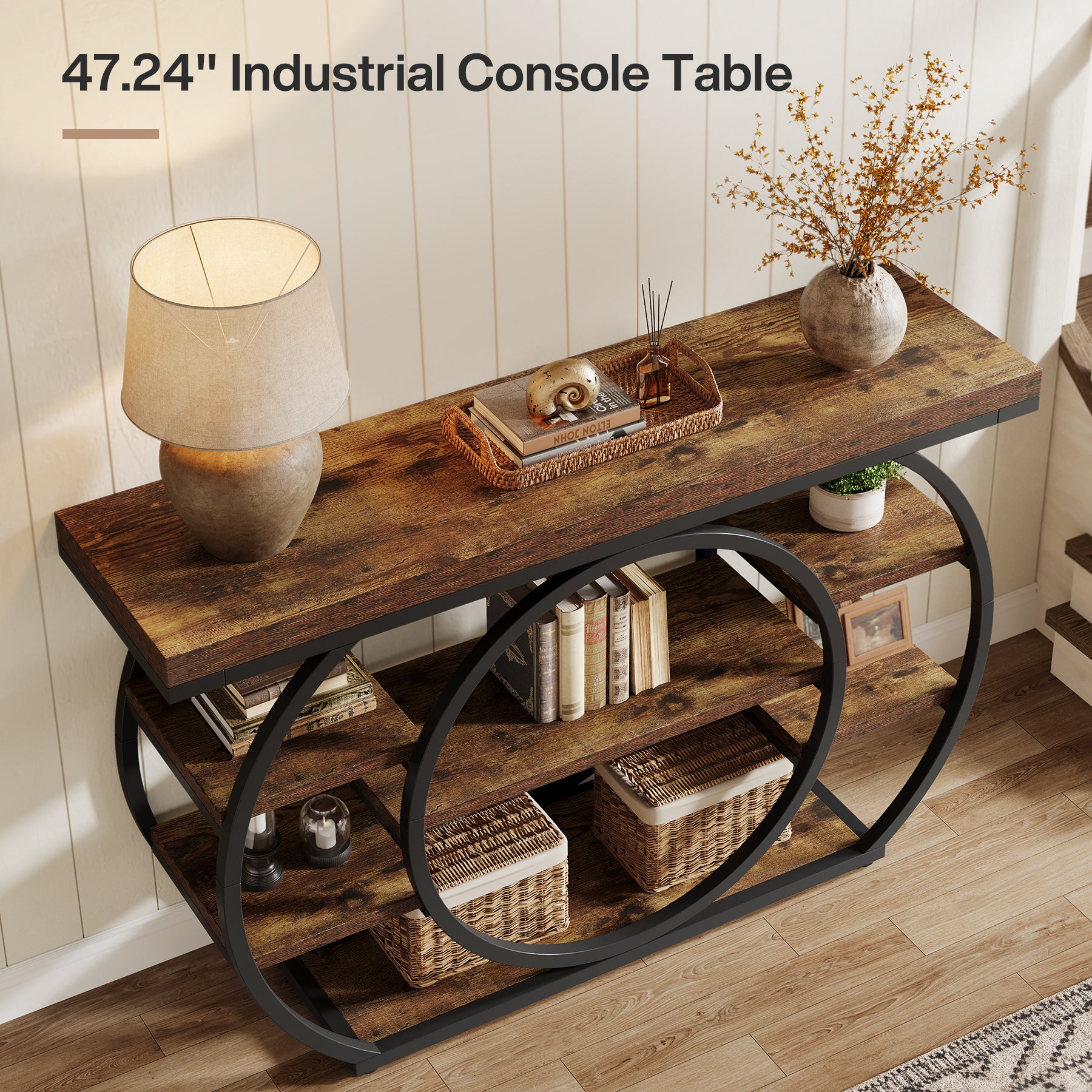 47.24" Console Table, 5 - Tier Industrial Sofa Table with Metal Frame Tribesigns