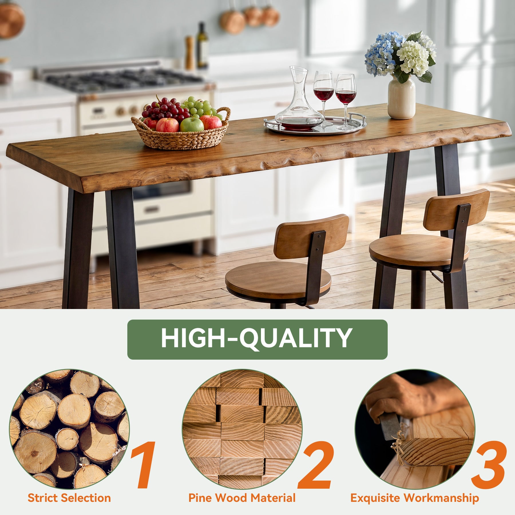 Solid Wood Bar Table, 63” Counter Height Table with Metal Legs for Kitchen