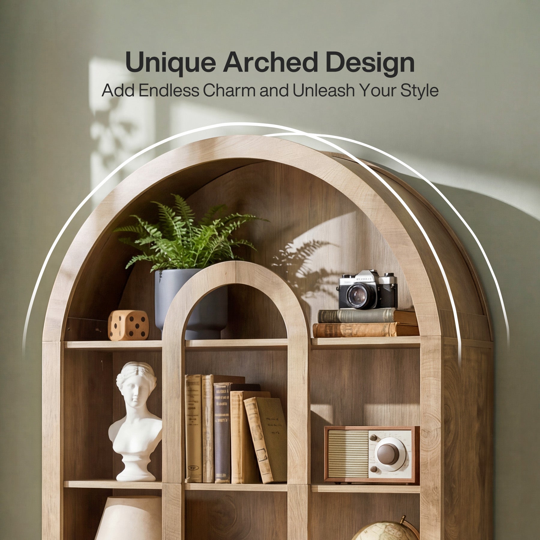 70.87" Tall Bookshelf, 5-Tier Arched Bookcase with Open Shelves for Living Room