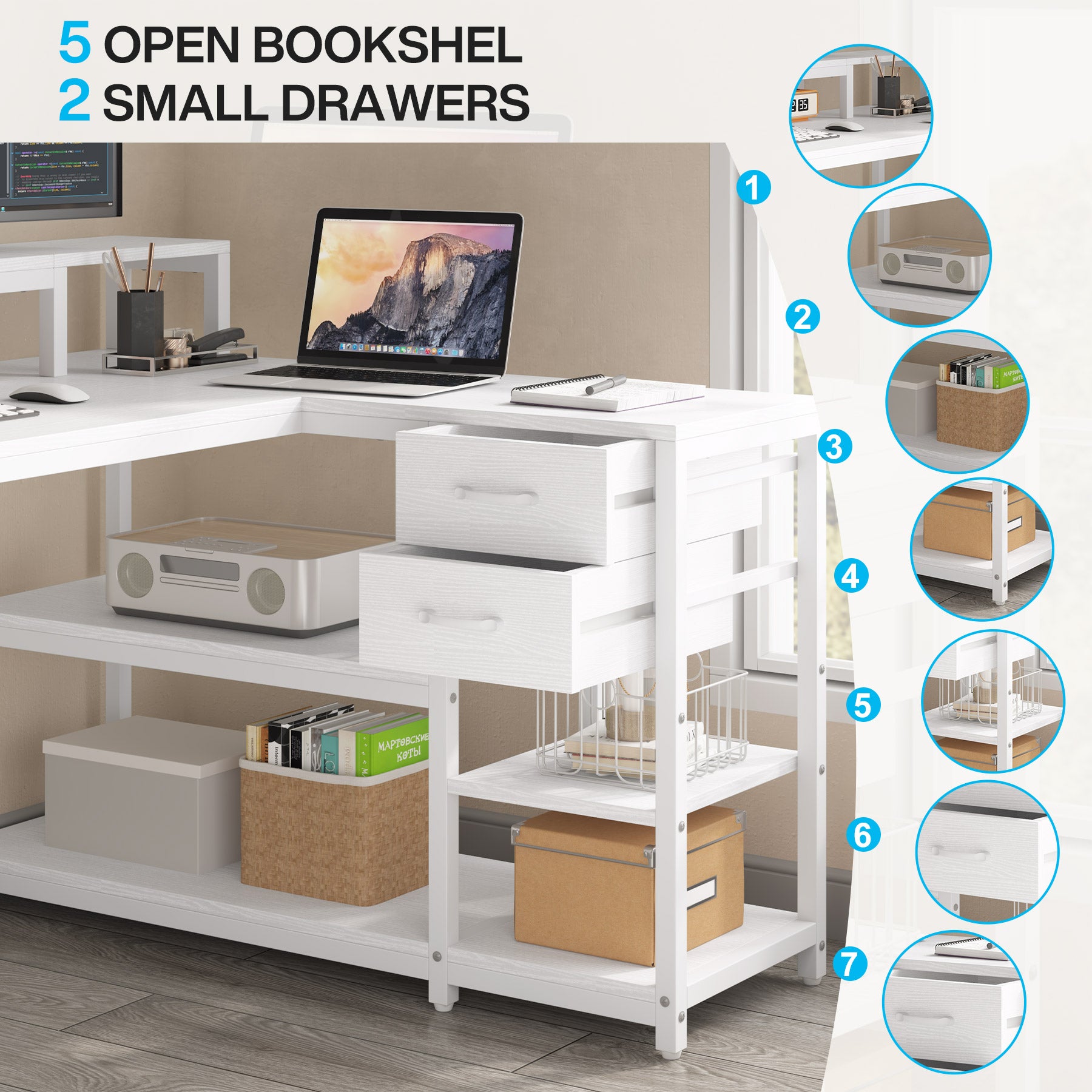 Reversible L-Shaped Desk, Industrial Corner Desk with Drawer & Shelves