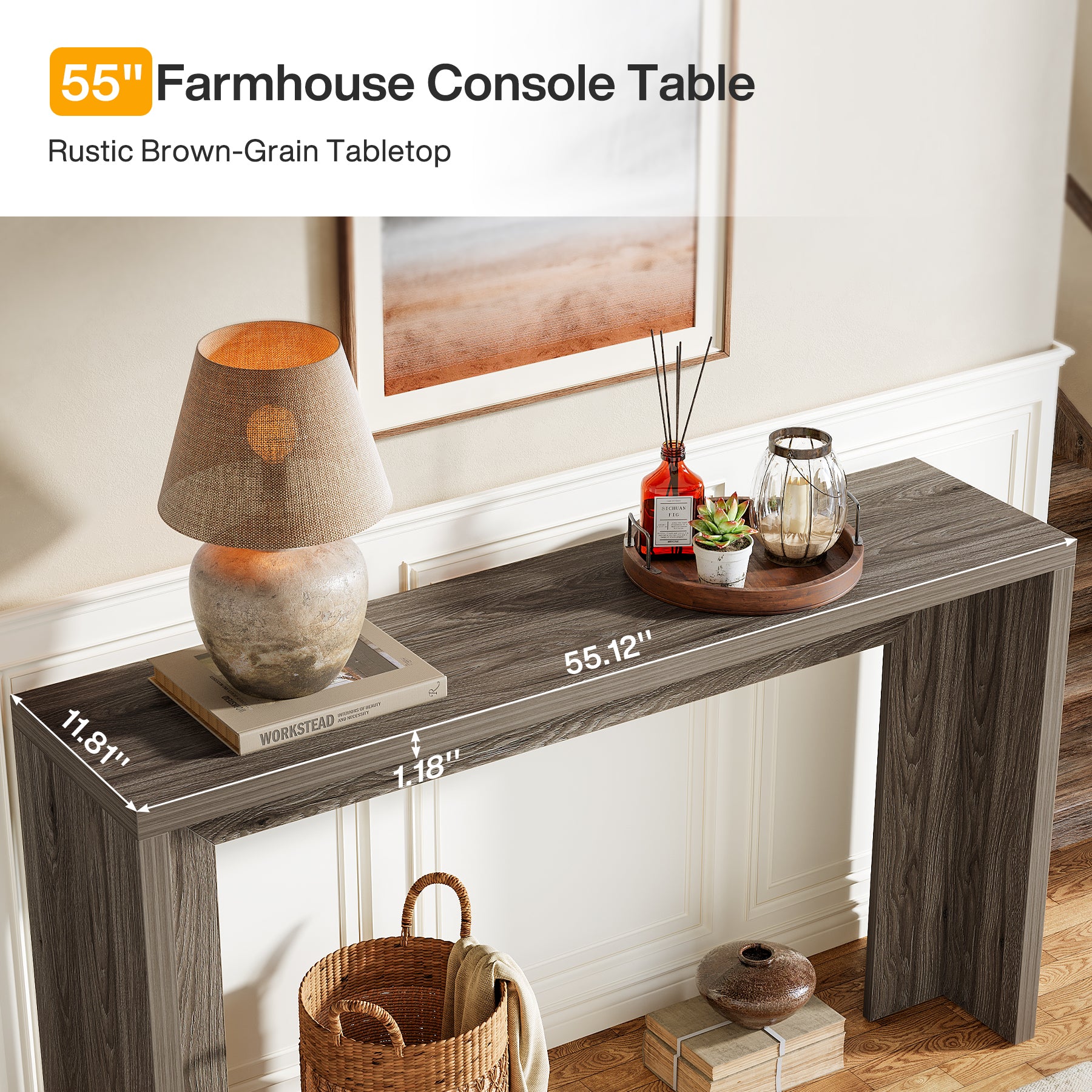 55" Farmhouse Console Table with Storage, Narrow Wooden Entryway Sofa Table for Hallway, Foyer, or Living Room