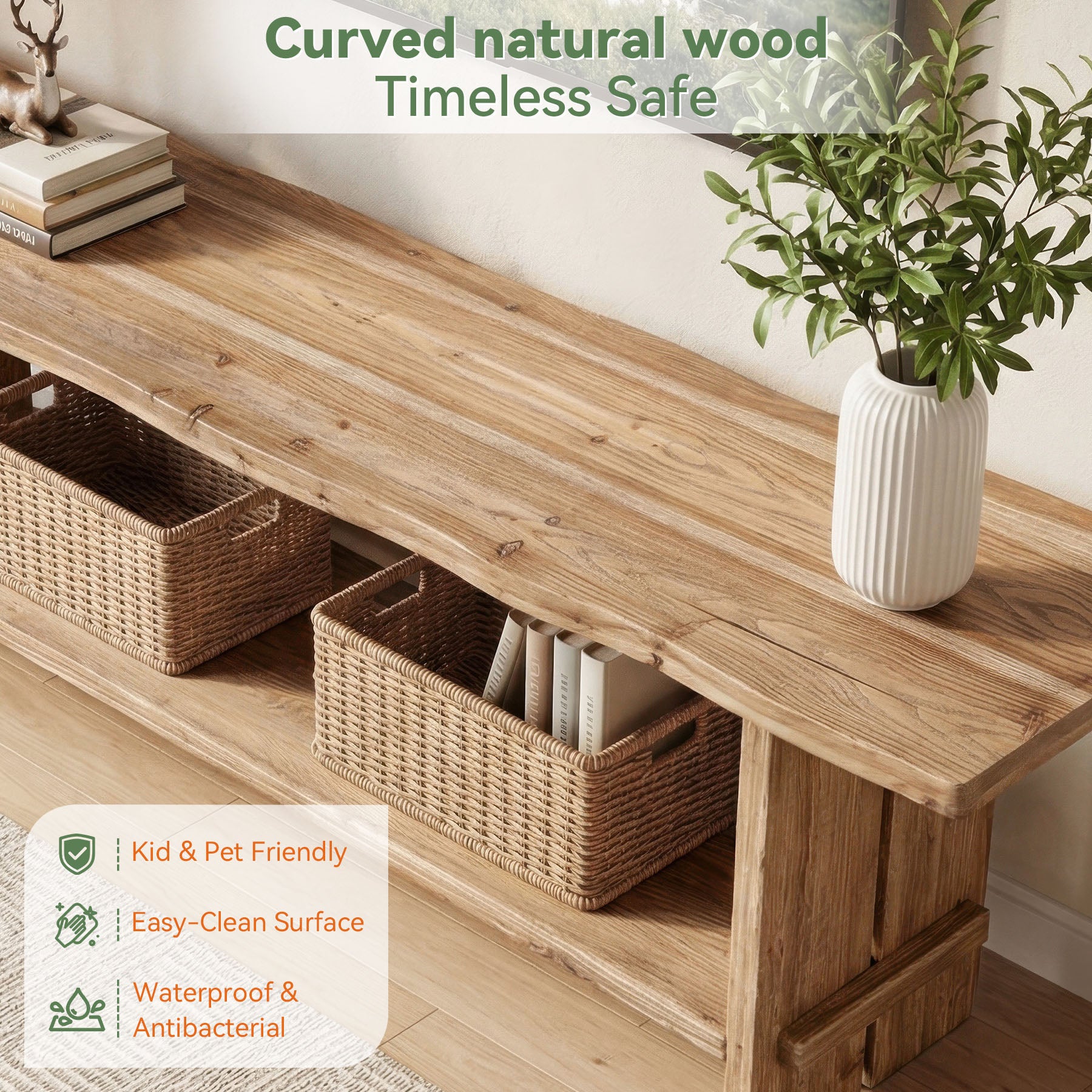 71" Solid Wood TV Stand for 55–85 Inch TVs, Farmhouse Media Console with Storage Shelf, Wooden Entertainment Center