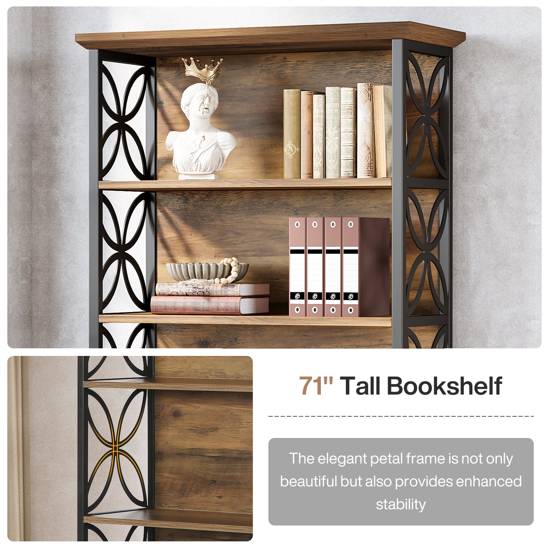 6 - Tier Bookshelf, 71" Industrial Bookcase Displaying Rack with Metal Frame Tribesigns