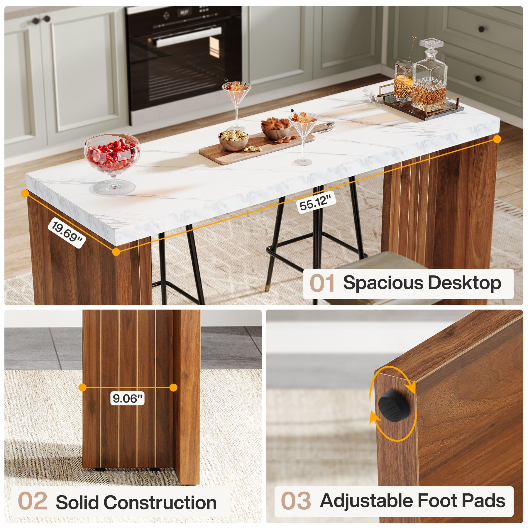 55" Bar Table, Moedern Counter Height Pub Table with Faux Marble Tabletop