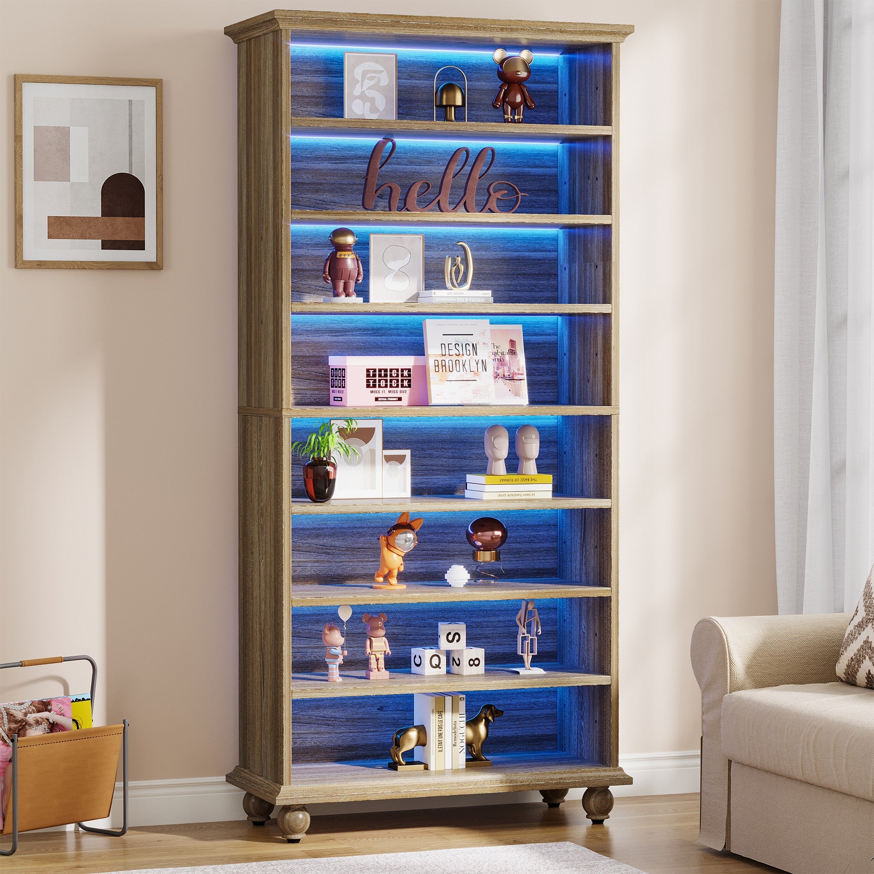 9 - Tier Bookcase Wood Bookshelf with LED Lighting & Solid Wood Legs Tribesigns