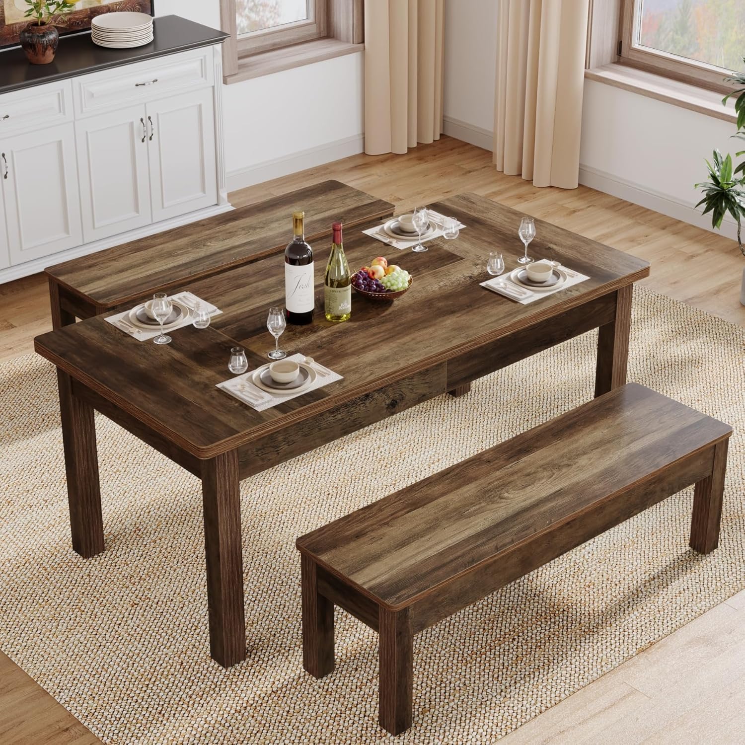 55" Dining Table Set, 3 Pieces Wood Kitchen Table with 2 Benches