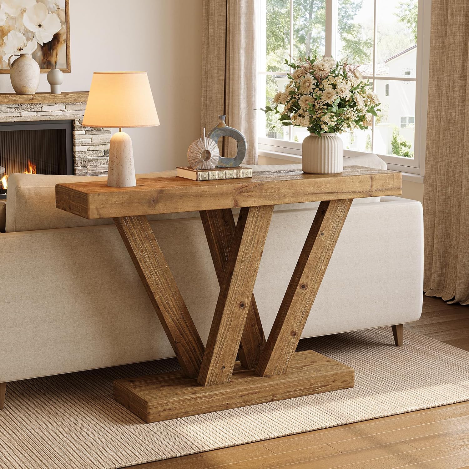 Solid Wood Console Table, 47.2" Farmhouse Sofa Table with Double V - Shape Base Tribesigns