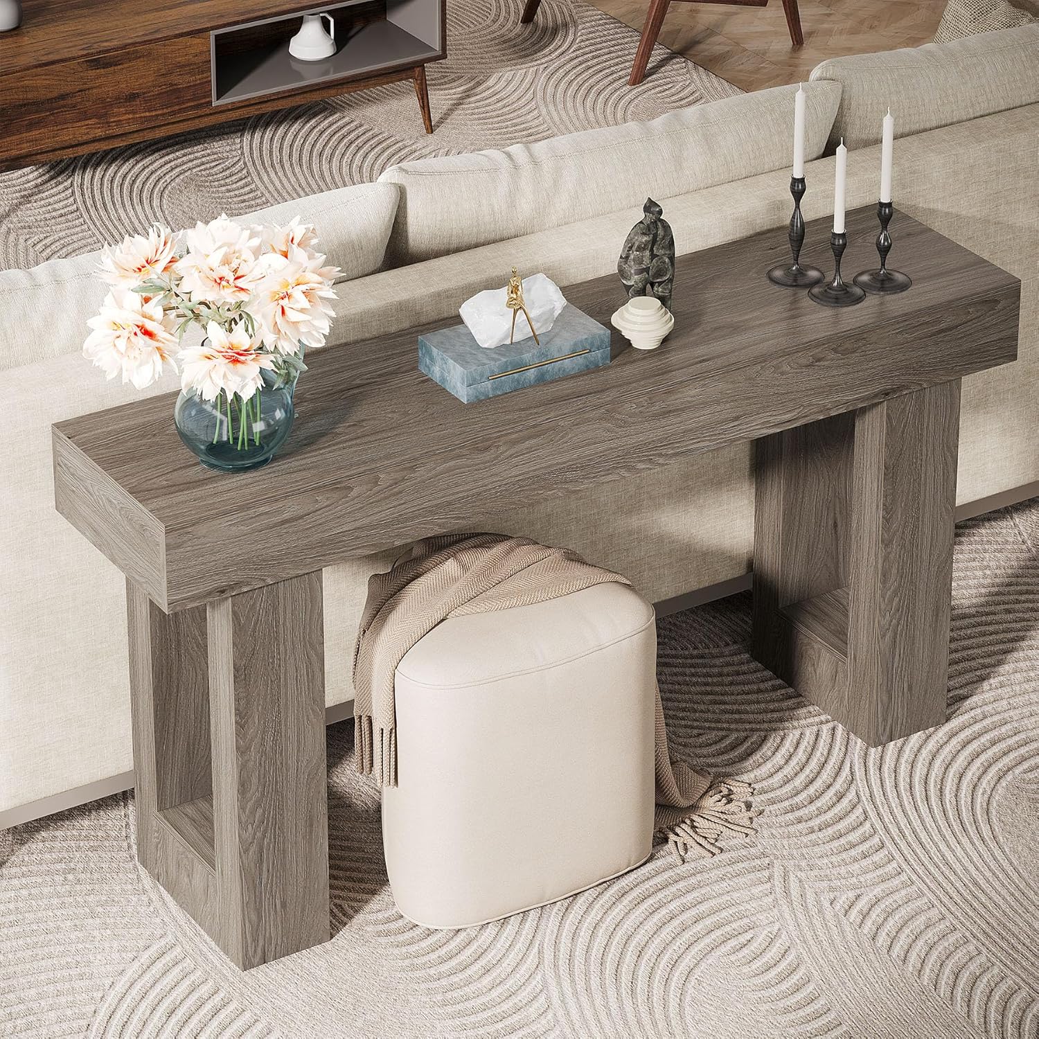 63" Wood Sofa Table, Chunky Console Table for Entryway