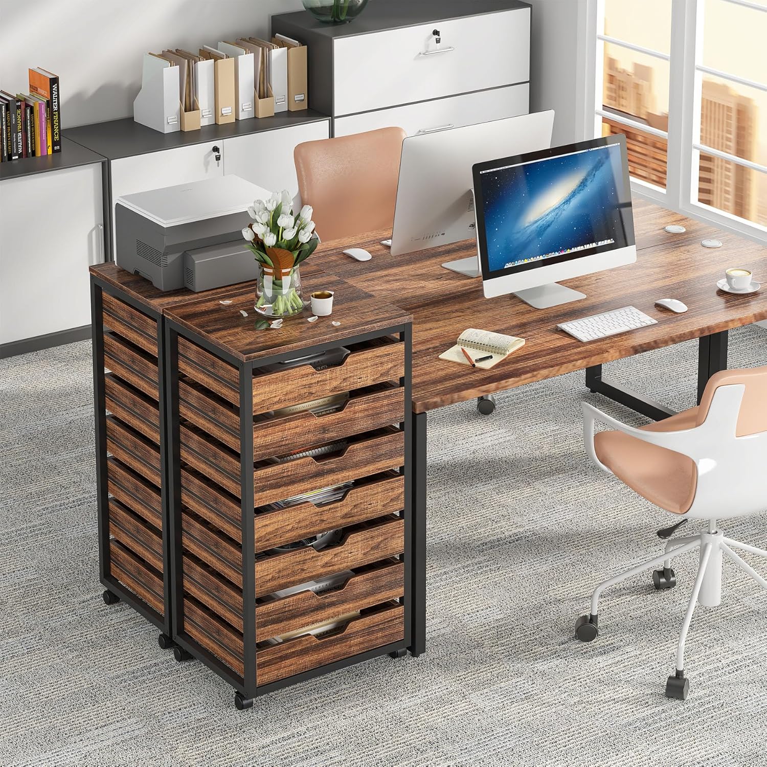 5-Drawer File Cabinet, Wood Mobile Storage Drawer Unit Industrial Office Cabinet with Drawers & Wheels