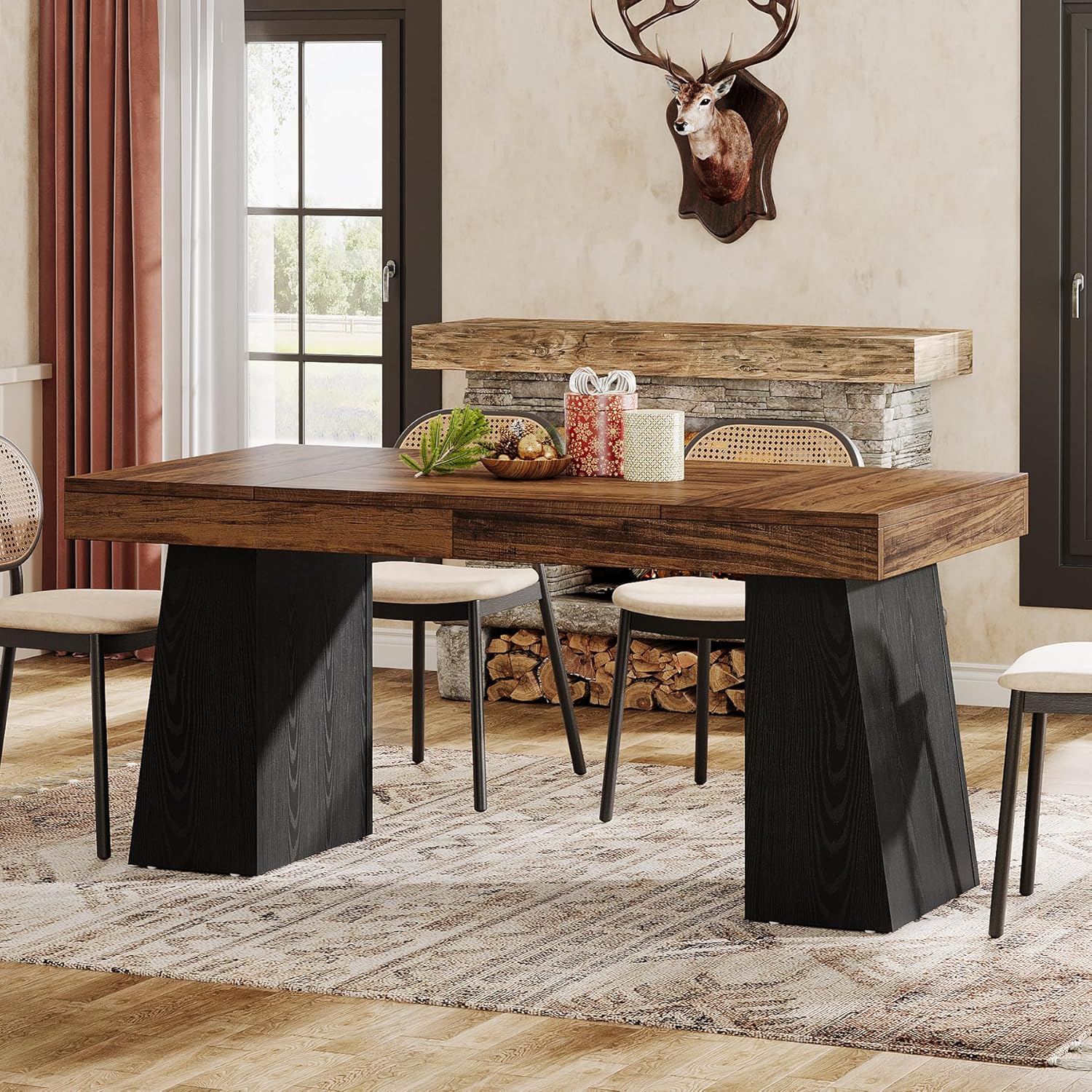 55 Inch Farmhouse Double Pedestal Dining Table, Rectangular Table for 4-6 in Small Spaces