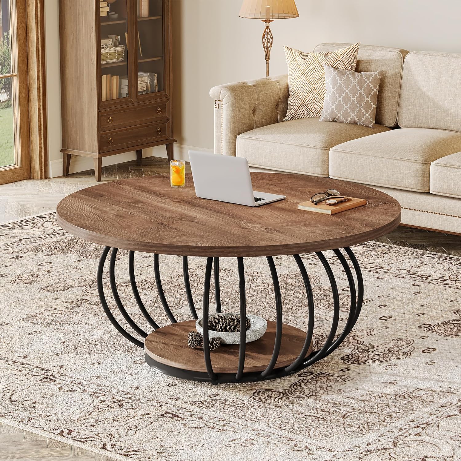 39.4" Coffee Table, Round 2 - Tier Accent Center Cocktail Table with Storage Shelf Tribesigns