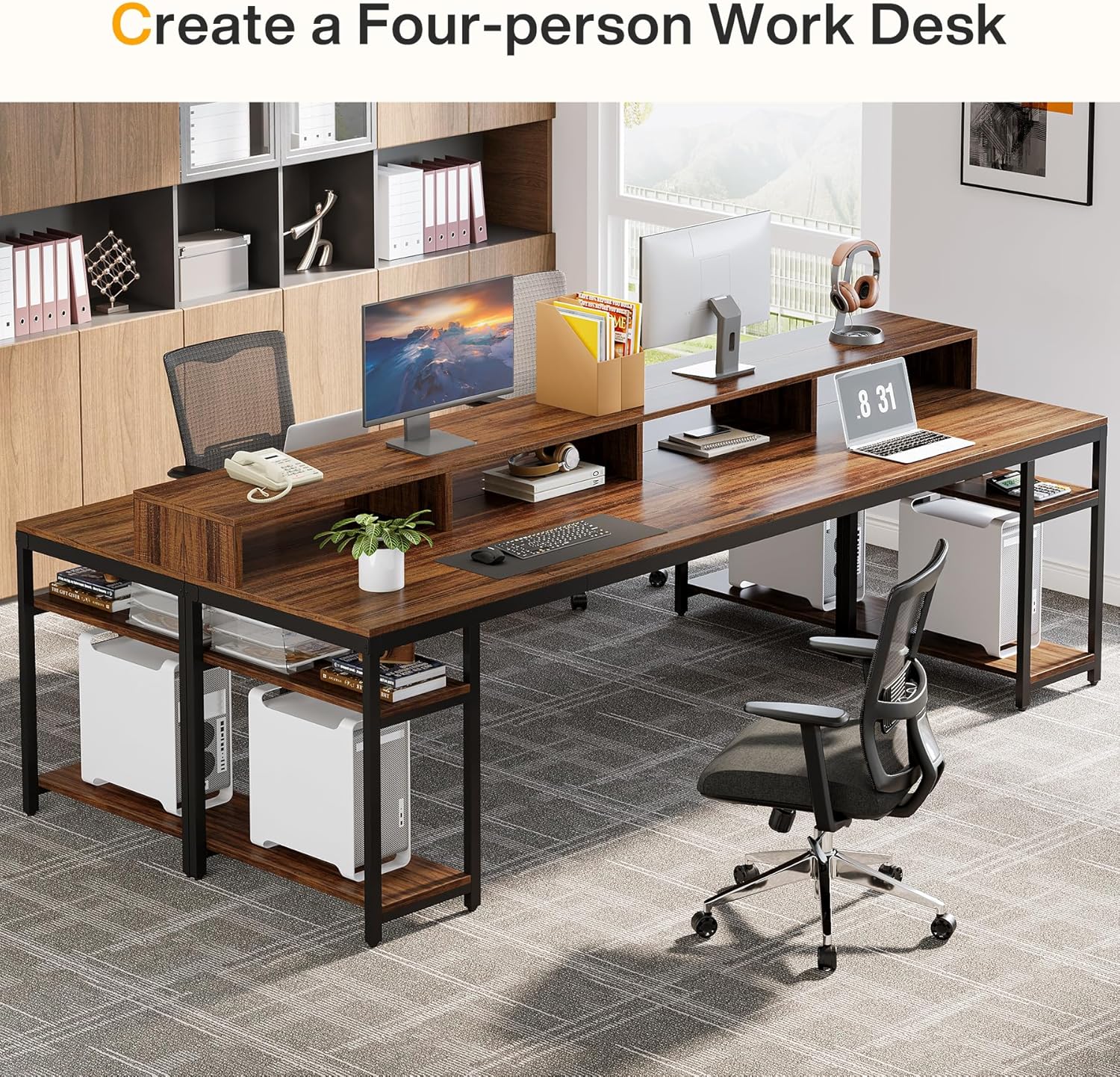 78.74" Extra Long Two Person Desk, Double Computer Desk with Storage Shelves