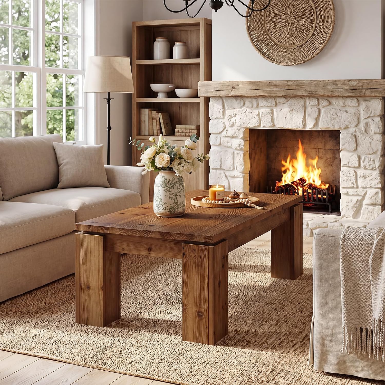 47" Solid Wood Coffee Table, Rectangular Chunky Leg Center Table Cocktail Tea Table