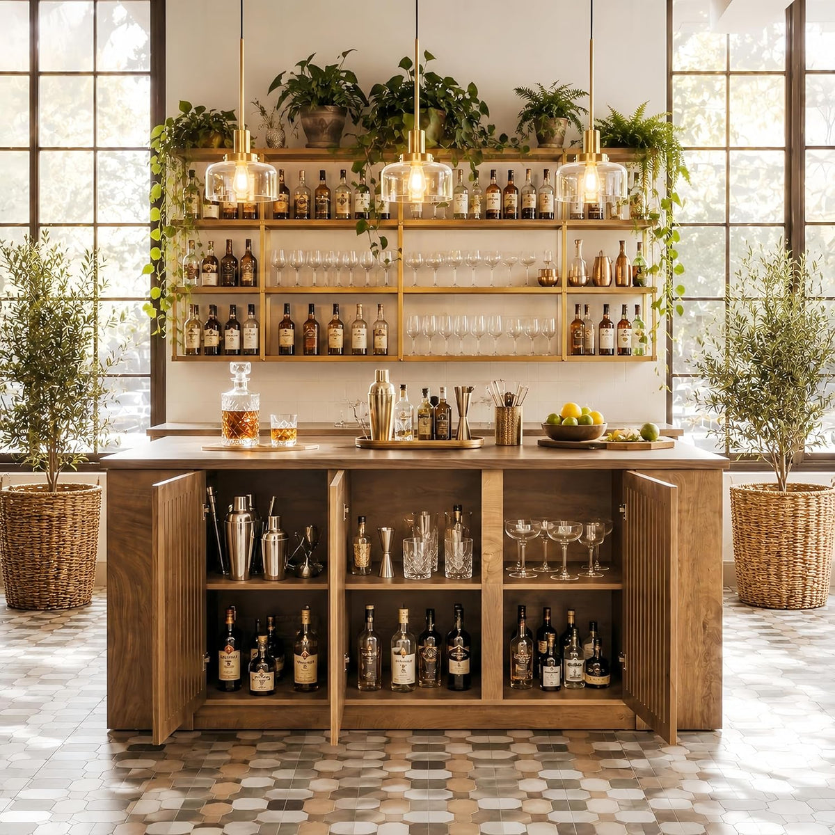 71" Bar Table, Farmhouse Counter Height Pub Table with Slatted Cabinet & 6 Open Shelves