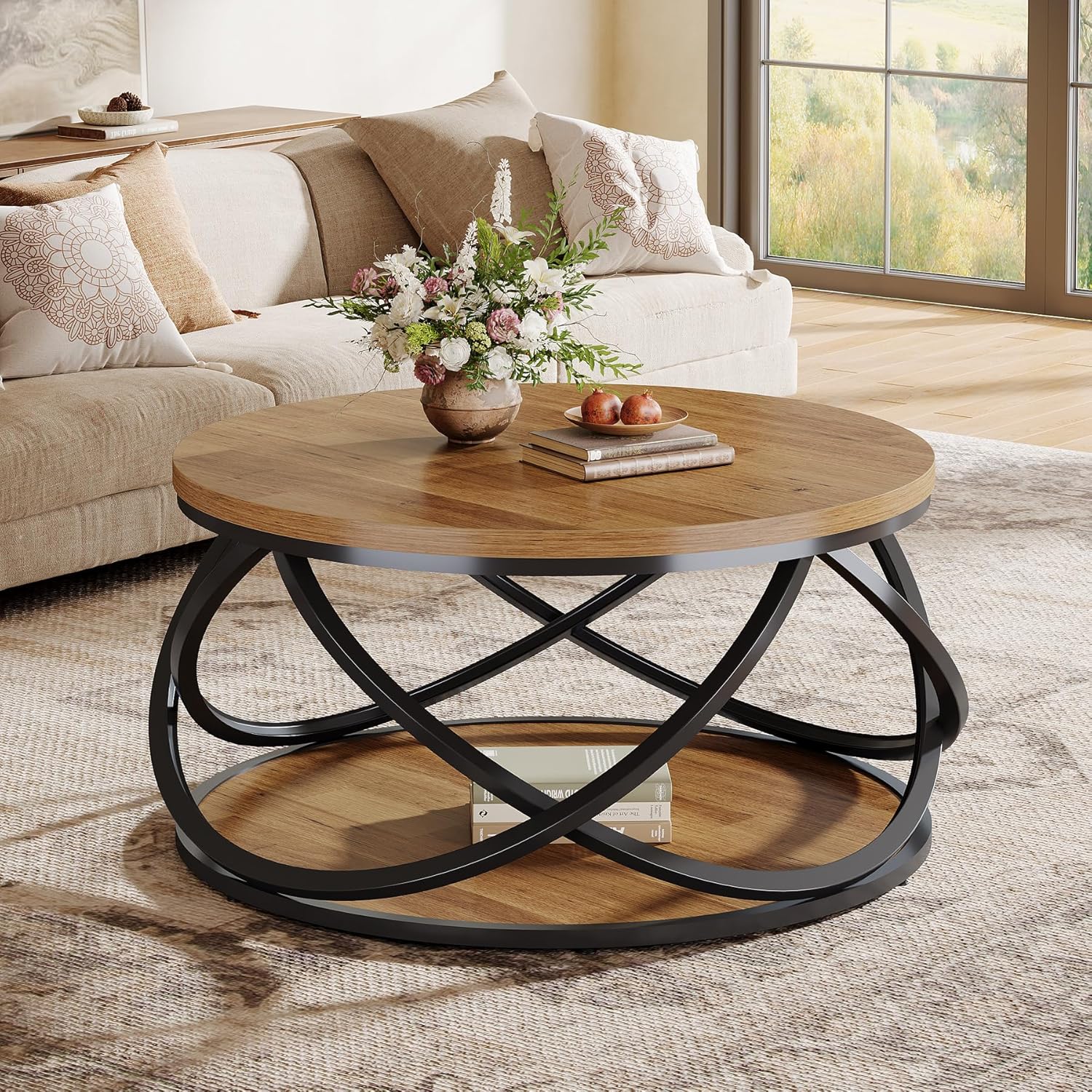 Round Coffee Table, 2-Tier Circle Center Table with Storage Shelves