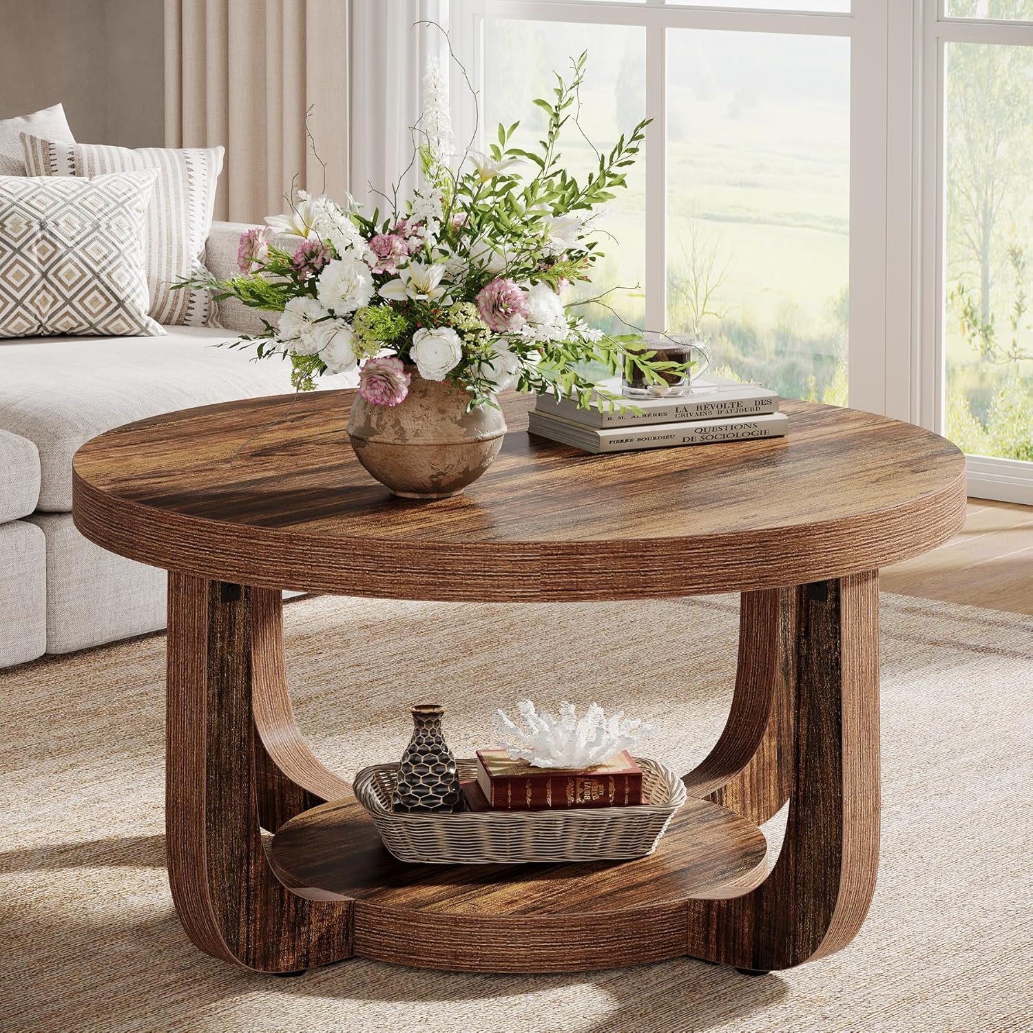 31.5" Coffee Table, Modern 2 - Tier Circle Center Table with Storage Tribesigns