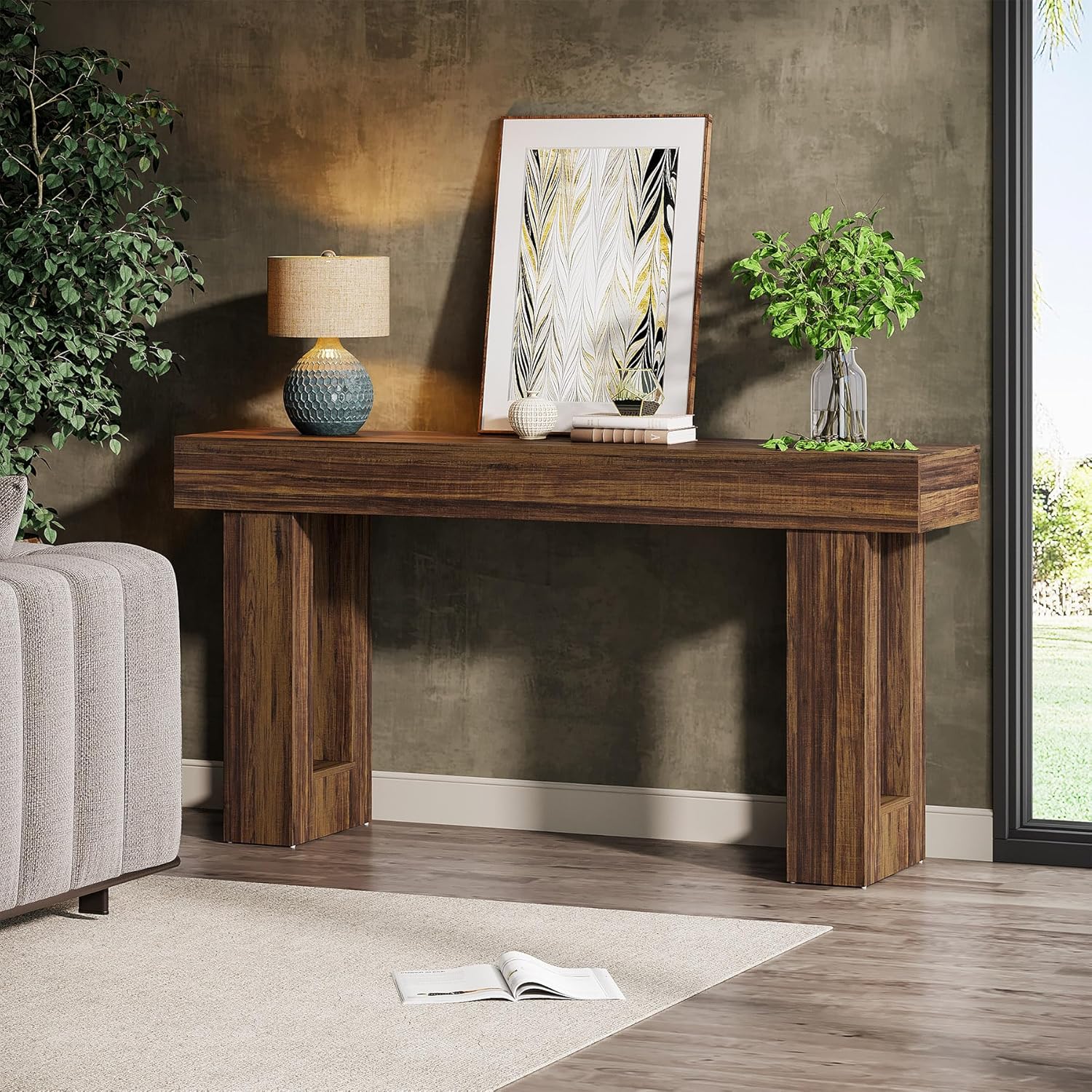 63" Wood Sofa Table, Chunky Console Table for Entryway