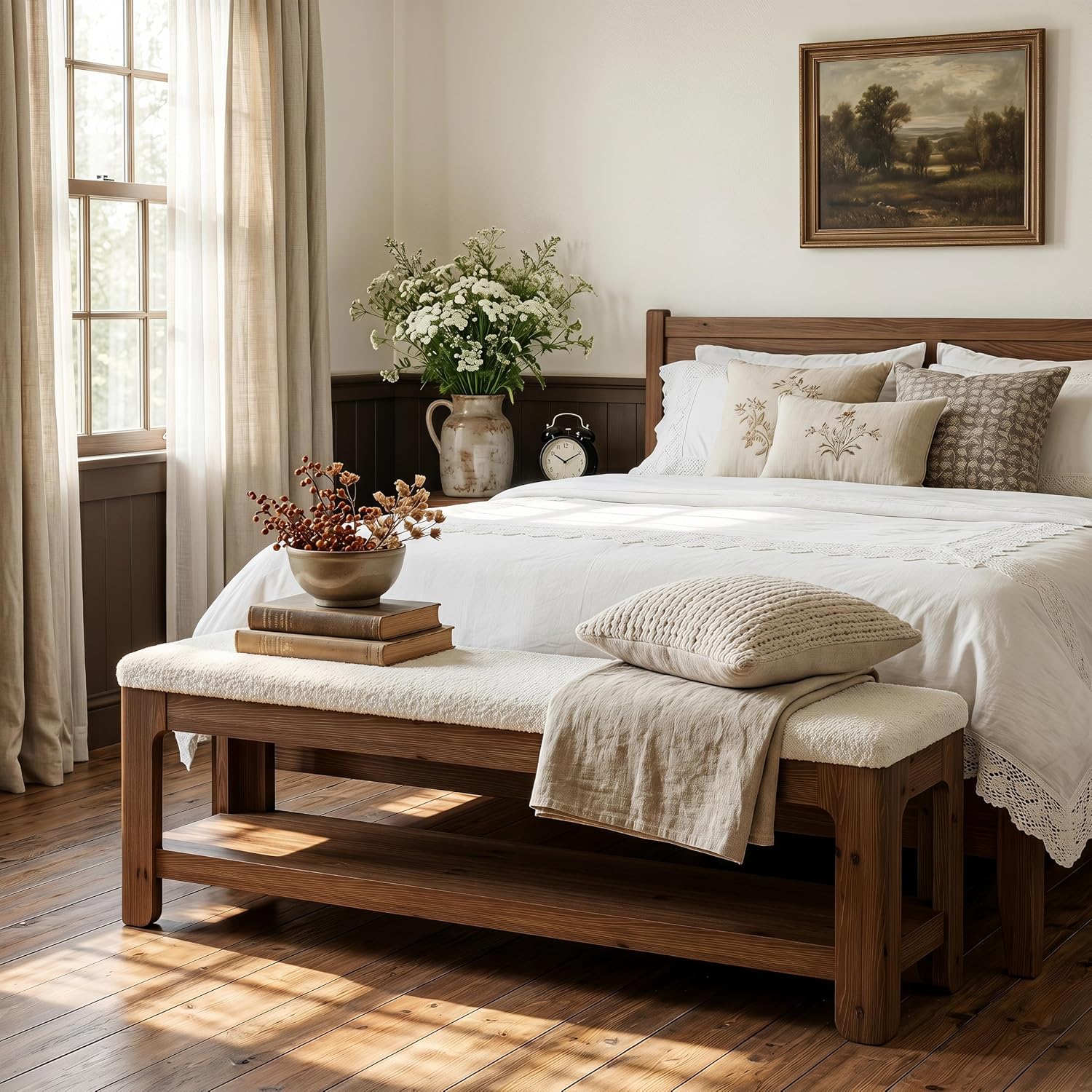 55" Entryway Bench, Solid Wood Upholstered Ottoman Bedroom Bench