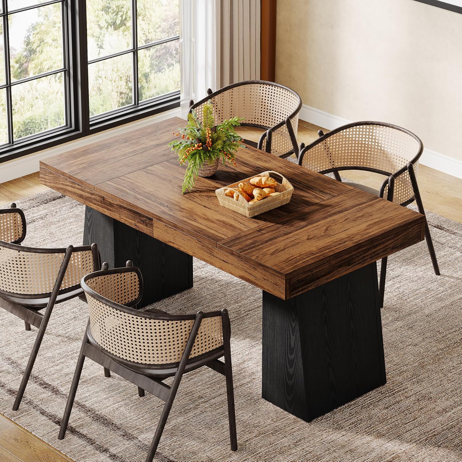 55 Inch Farmhouse Double Pedestal Dining Table, Rectangular Table for 4-6 in Small Spaces