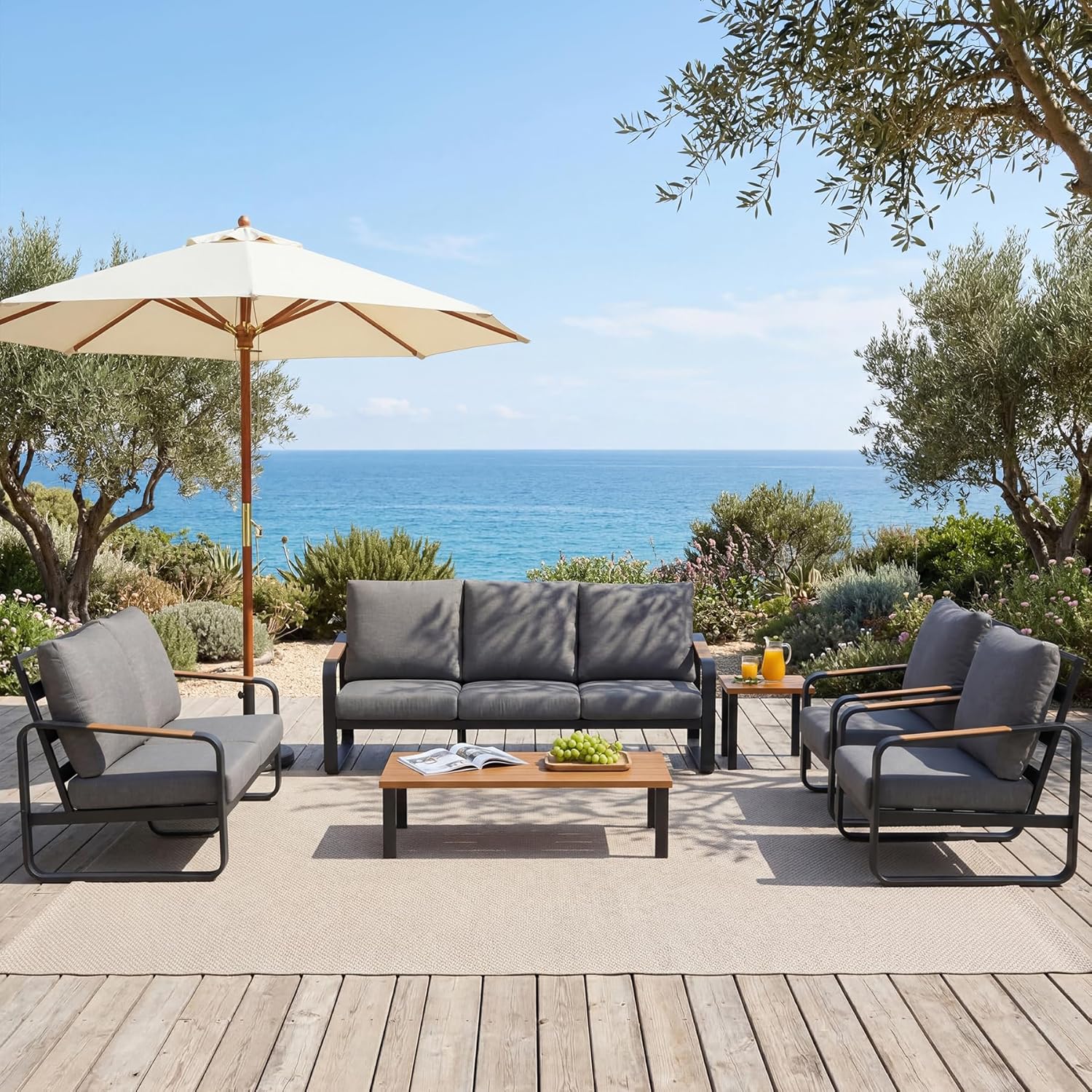 6 piece outdoor patio set with umbrella 6-Piece Patio Furniture Set Outdoor Conversation Sets with Sofas & Coffee Table & Side Table, Gray