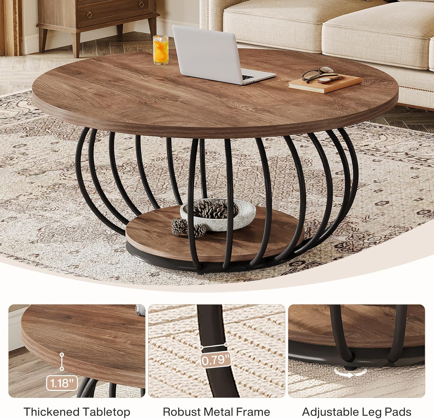 39.4" Coffee Table, Round 2 - Tier Accent Center Cocktail Table with Storage Shelf Tribesigns