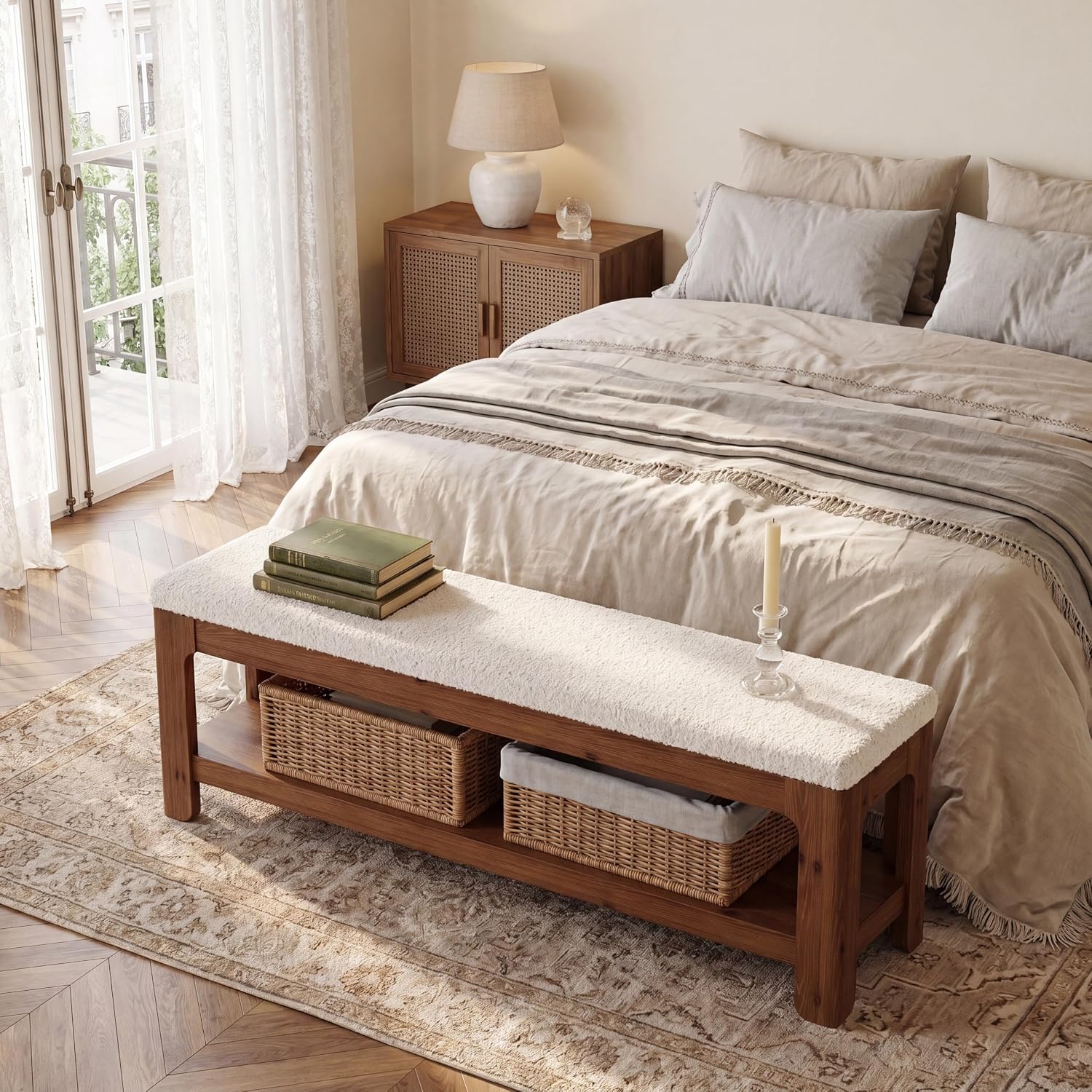55" Entryway Bench, Solid Wood Upholstered Ottoman Bedroom Bench