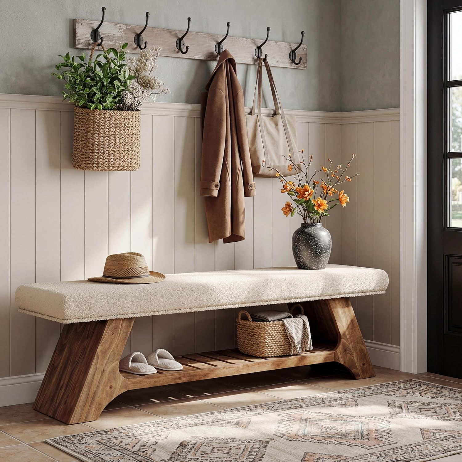 55" Solid Wood Upholstered Bench, 2-Tier Entryway Shoe Storage Bench