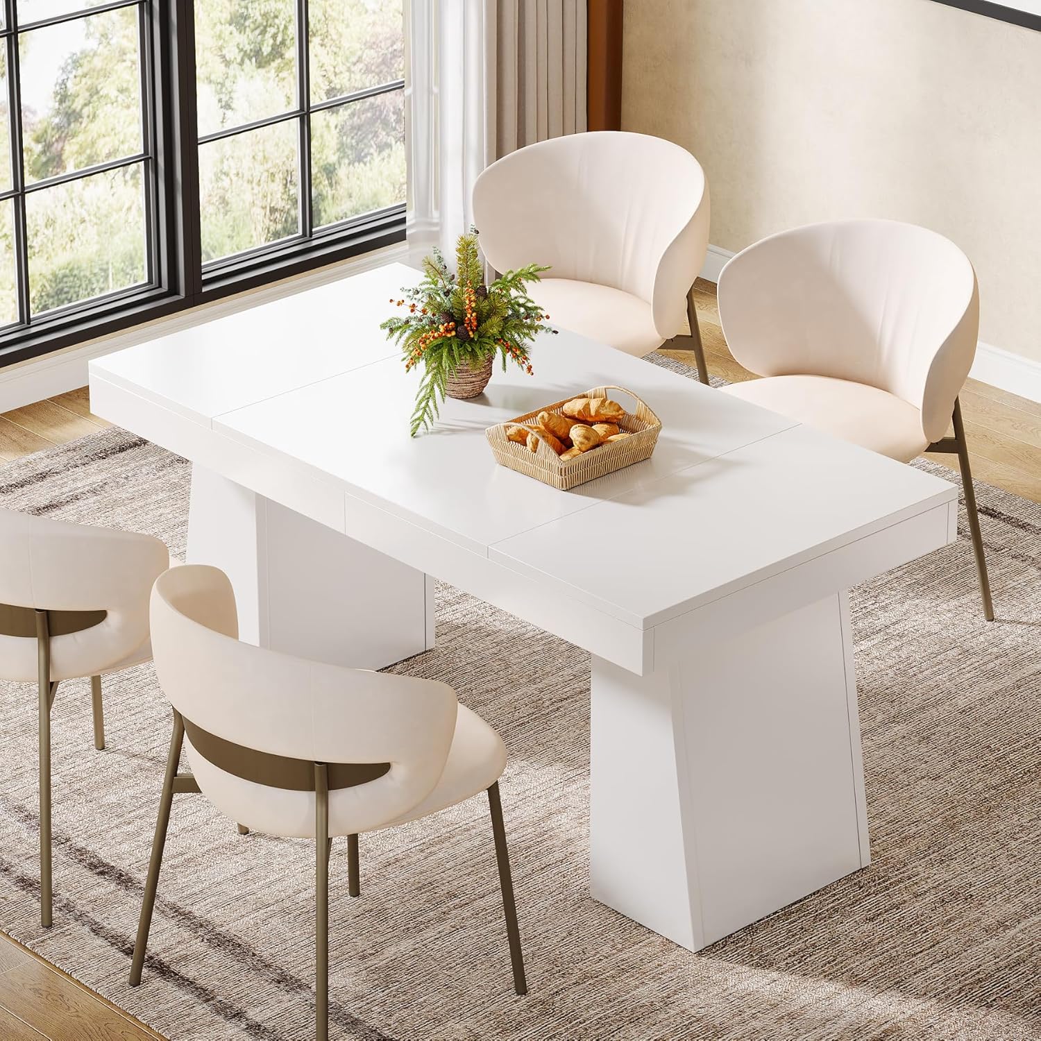 55 Inch Farmhouse Double Pedestal Dining Table, Rectangular Table for 4-6 in Small Spaces