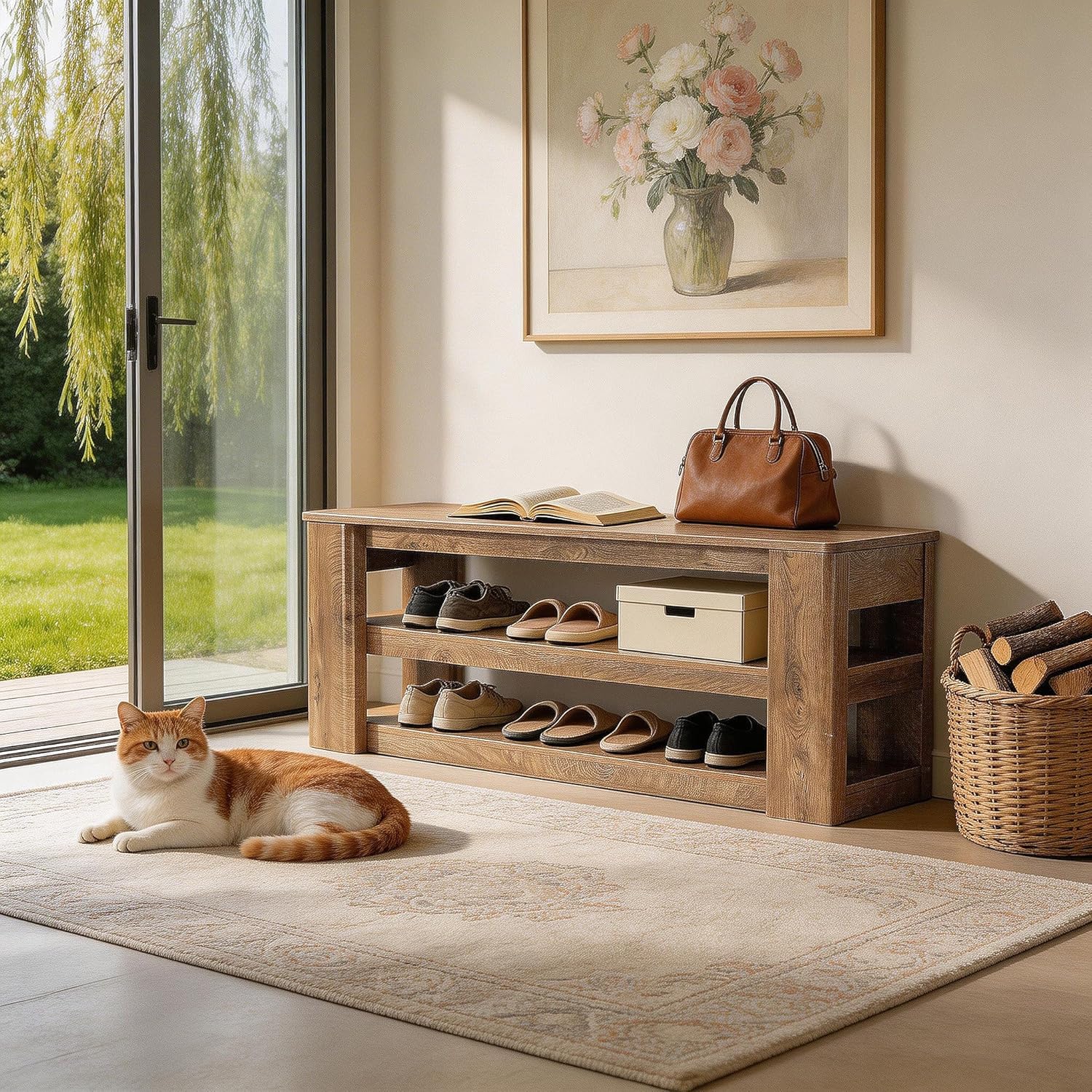 55" Shoe Rack Bench, 3-Tier Entryway Storage Bench Seat for Entrance