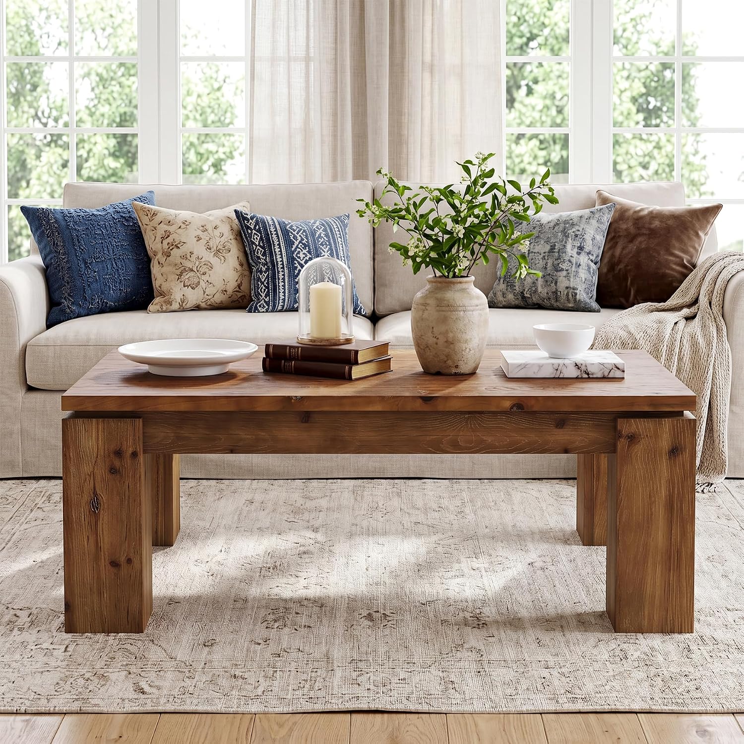 47" Solid Wood Coffee Table, Rectangular Chunky Leg Center Table Cocktail Tea Table