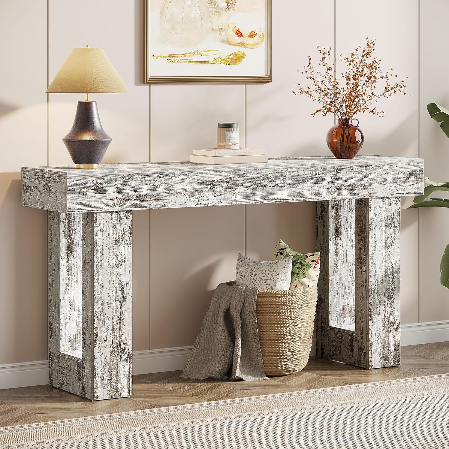 63" Wood Sofa Table, Chunky Console Table for Entryway