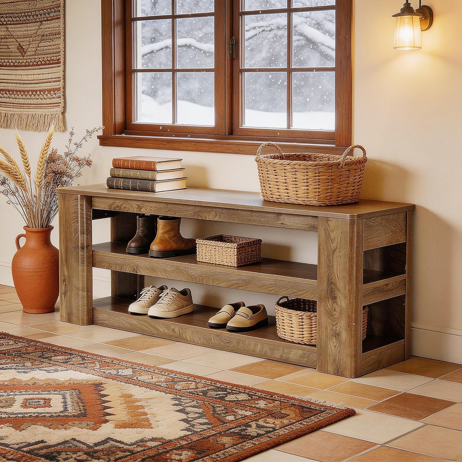 55" Shoe Rack Bench, 3-Tier Entryway Storage Bench Seat for Entrance