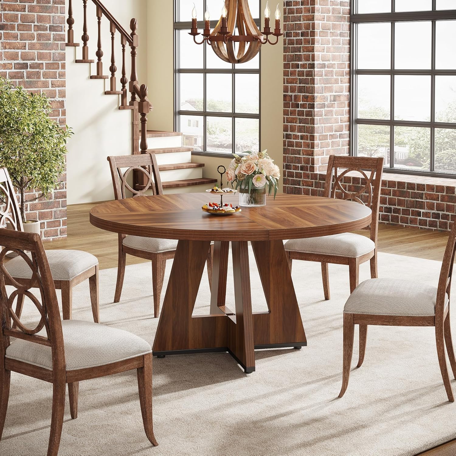 47-Inch Round Farmhouse Dining Table for 4–6 with Cross-Style Pedestal Base