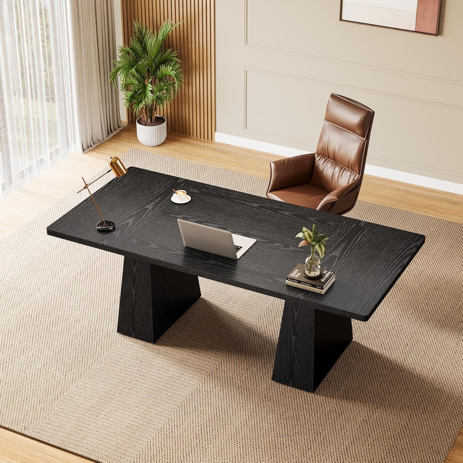 63" Executive Office Desk, Modern Black Double Pedestal Workstation for Home