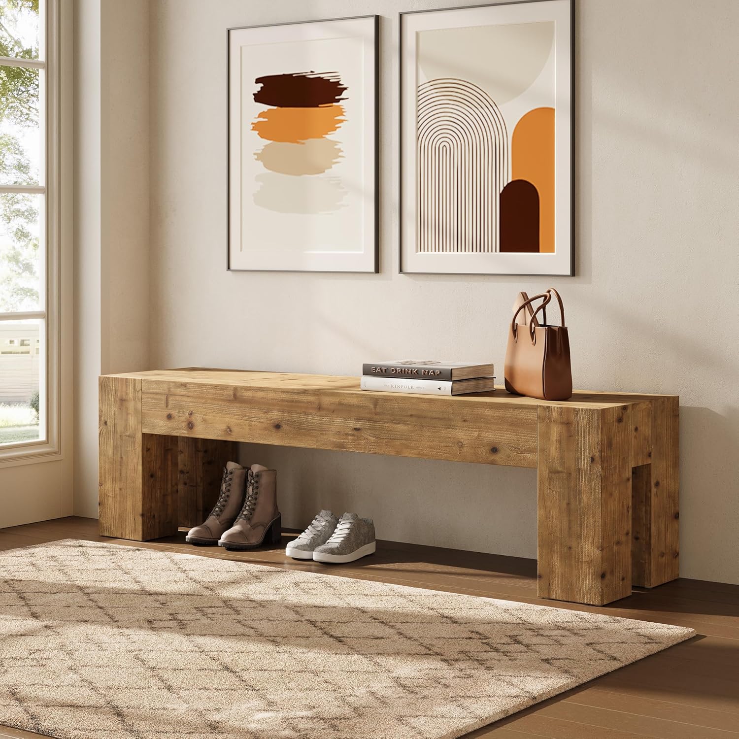 63" Entryway Bench, Solid Wood Bench Heavy Duty TV Stand Media Consoles