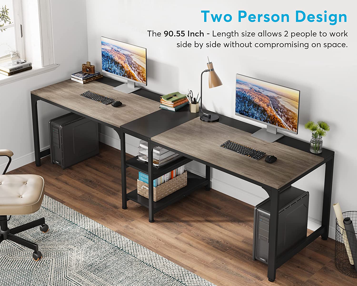 Tribesigns Two Person Desk, 90.55" Double Computer Desk with Storage Shelves Tribesigns