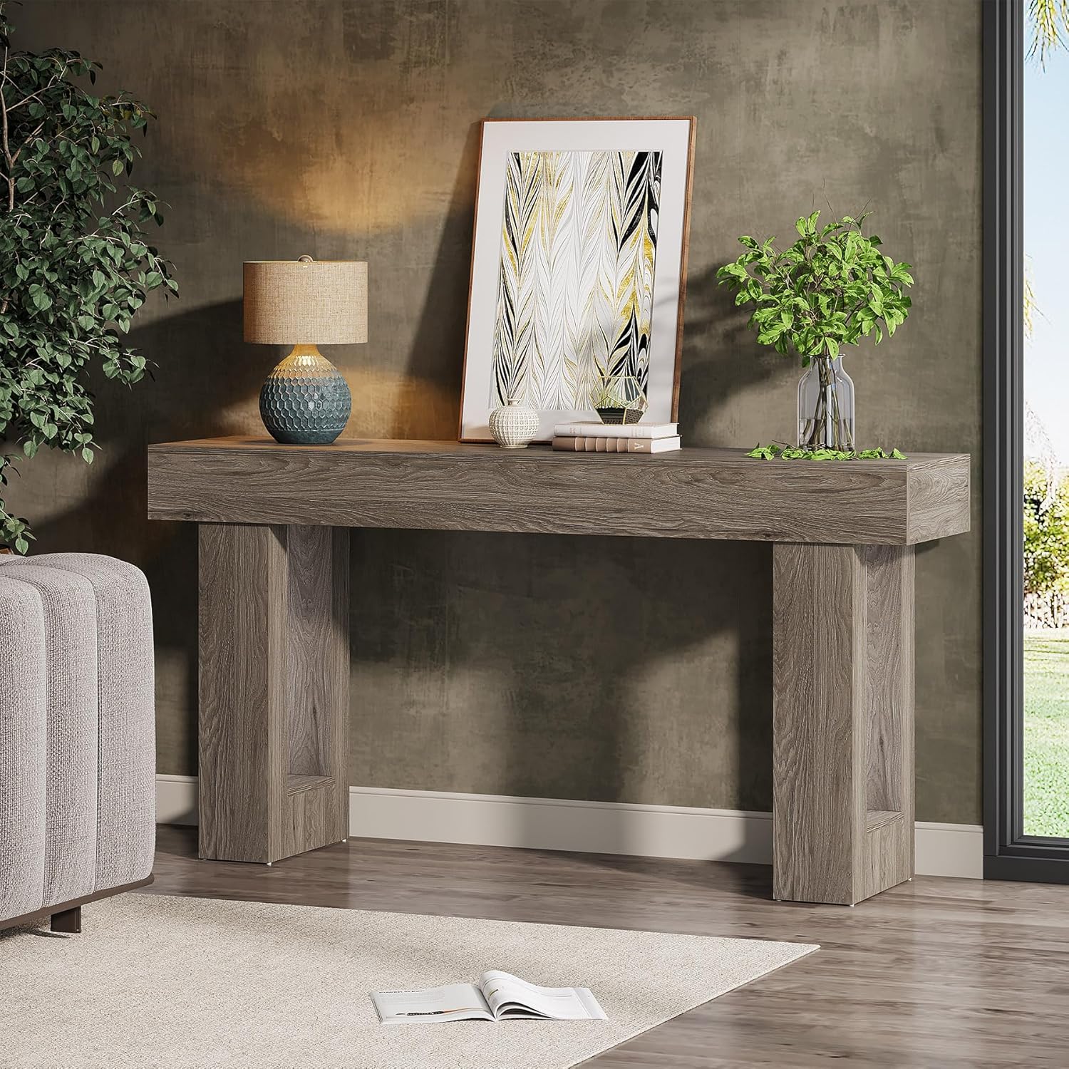 63" Wood Sofa Table, Chunky Console Table for Entryway