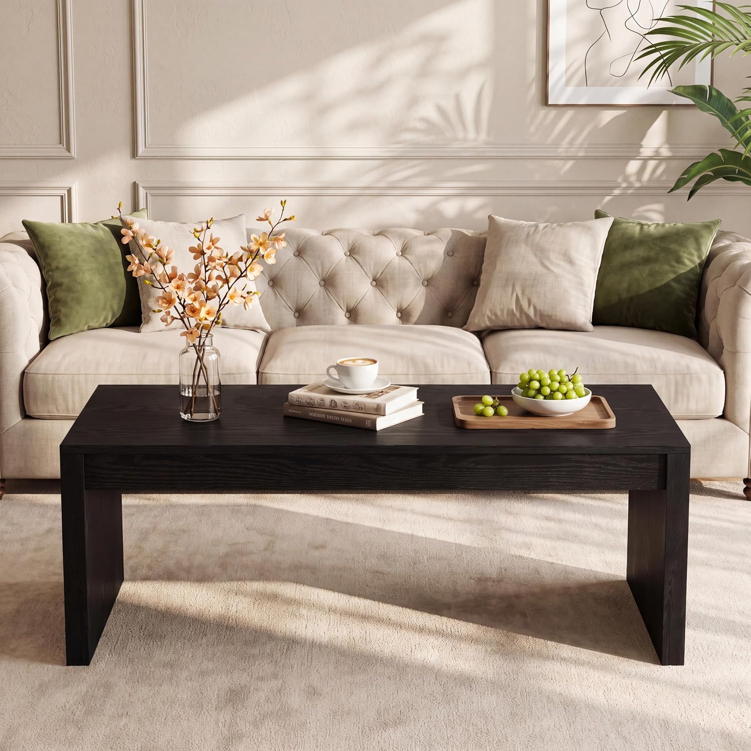 47" Modern Coffee Table, Rectangular Low Cocktail Tea Furniture with Fluted Base