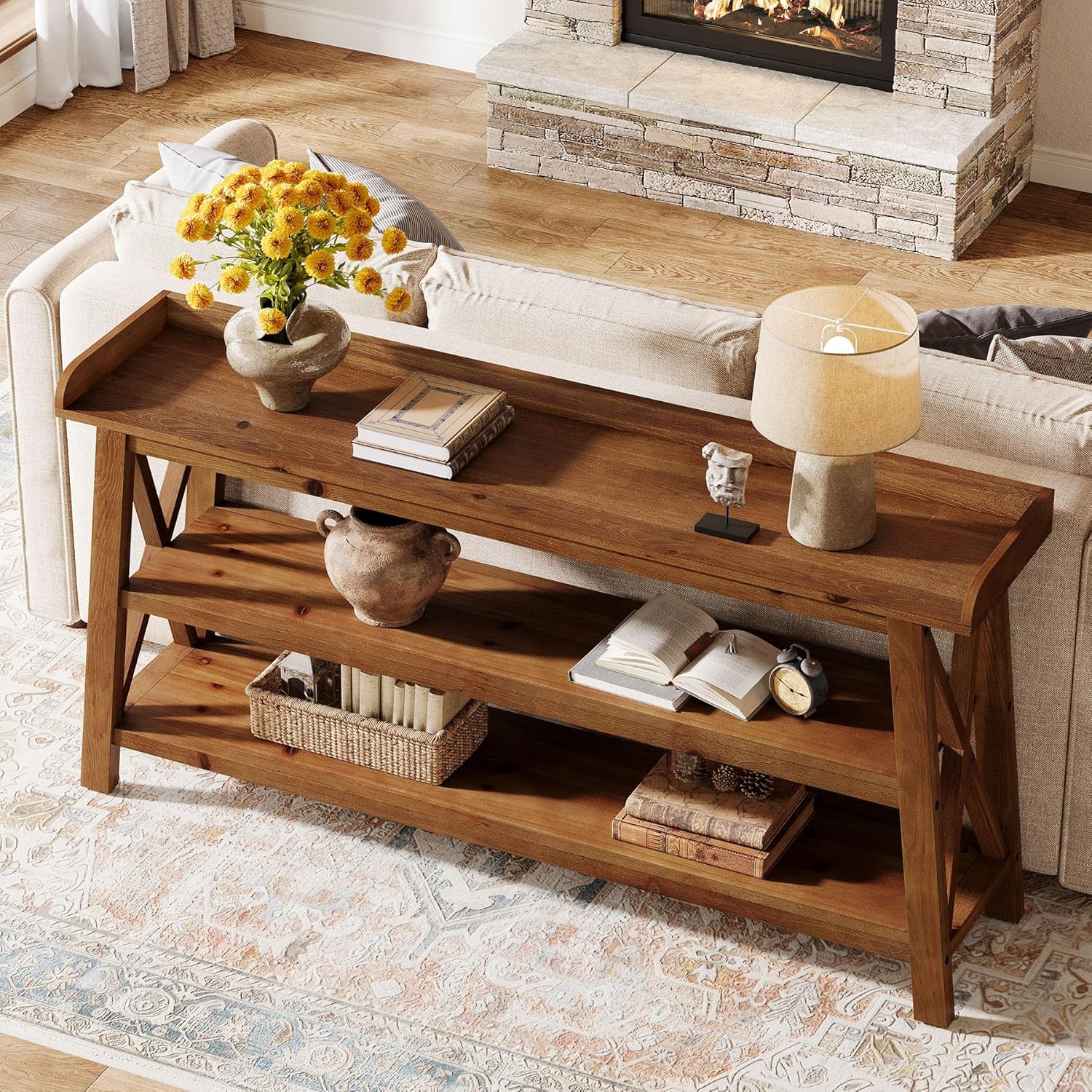 63” Solid Wood Console Table with 3-Tier Shelves, Farmhouse Sofa Table