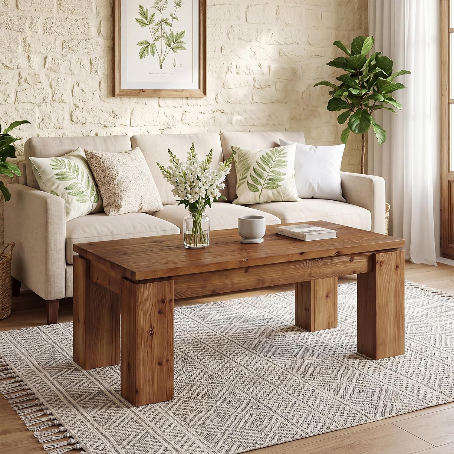 47" Solid Wood Coffee Table, Rectangular Chunky Leg Center Table Cocktail Tea Table